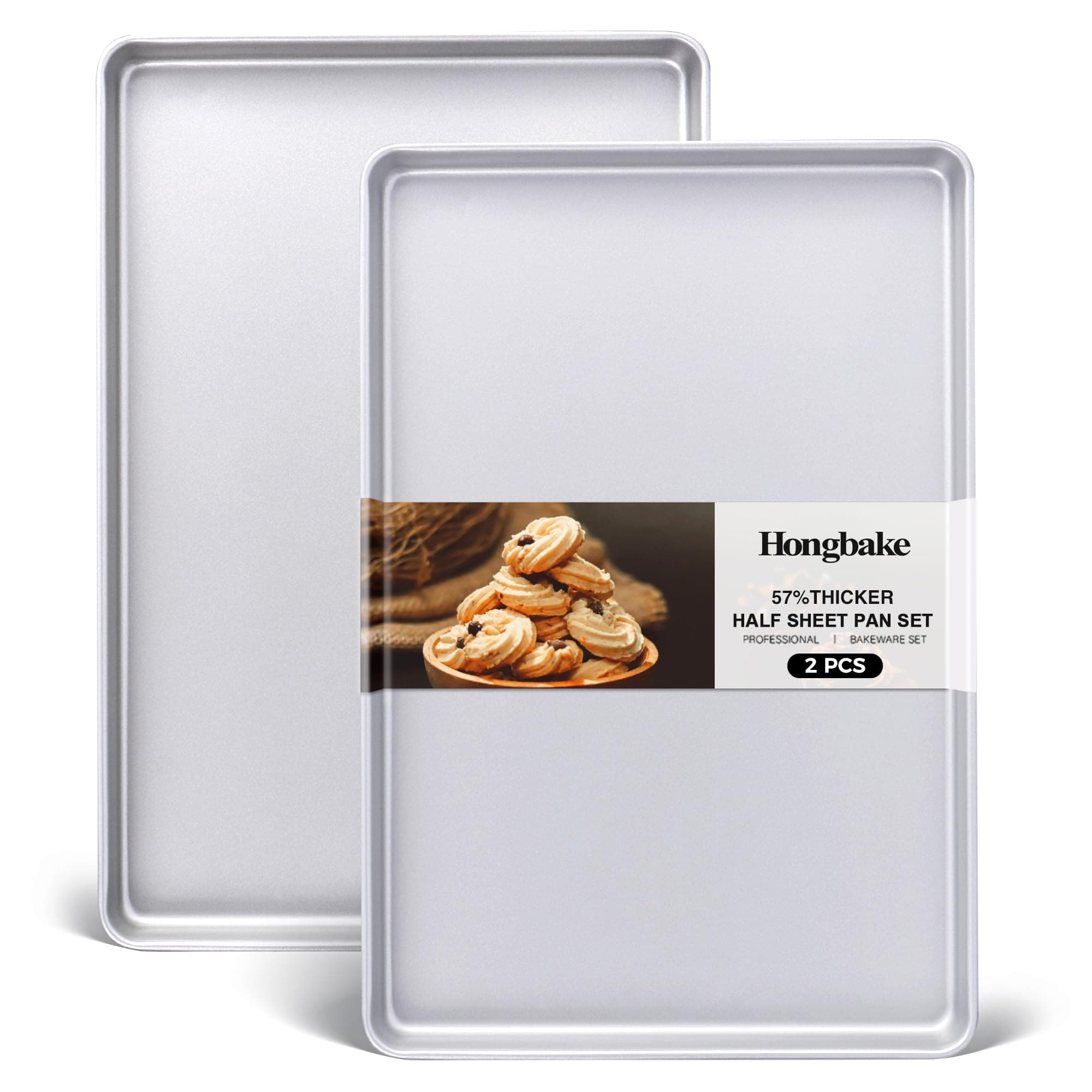 HONGBAKE Baking Sheet Pan Set of 2, Heavy duty Half Size Cookie Sheet for Baking Nonstick Set , 57% Thicker Commercial Cookie Trays for oven- Silver