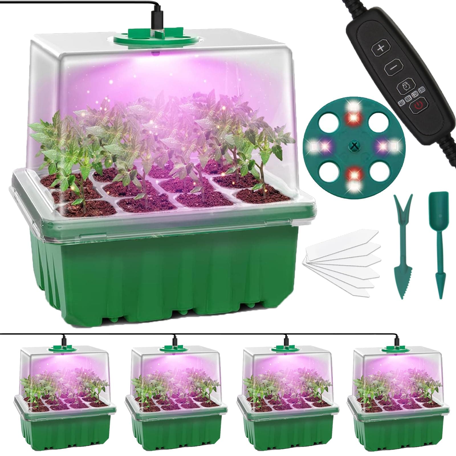 MQFORU Seed Trays with Grow Light, 5 Pack 60 Cells Growing Trays Propagator Growing Thicken Seedling Starter Adjustable Brightness & Humidity,2 Meters Timing Controller for Greenhouse Grow Plant Seed
