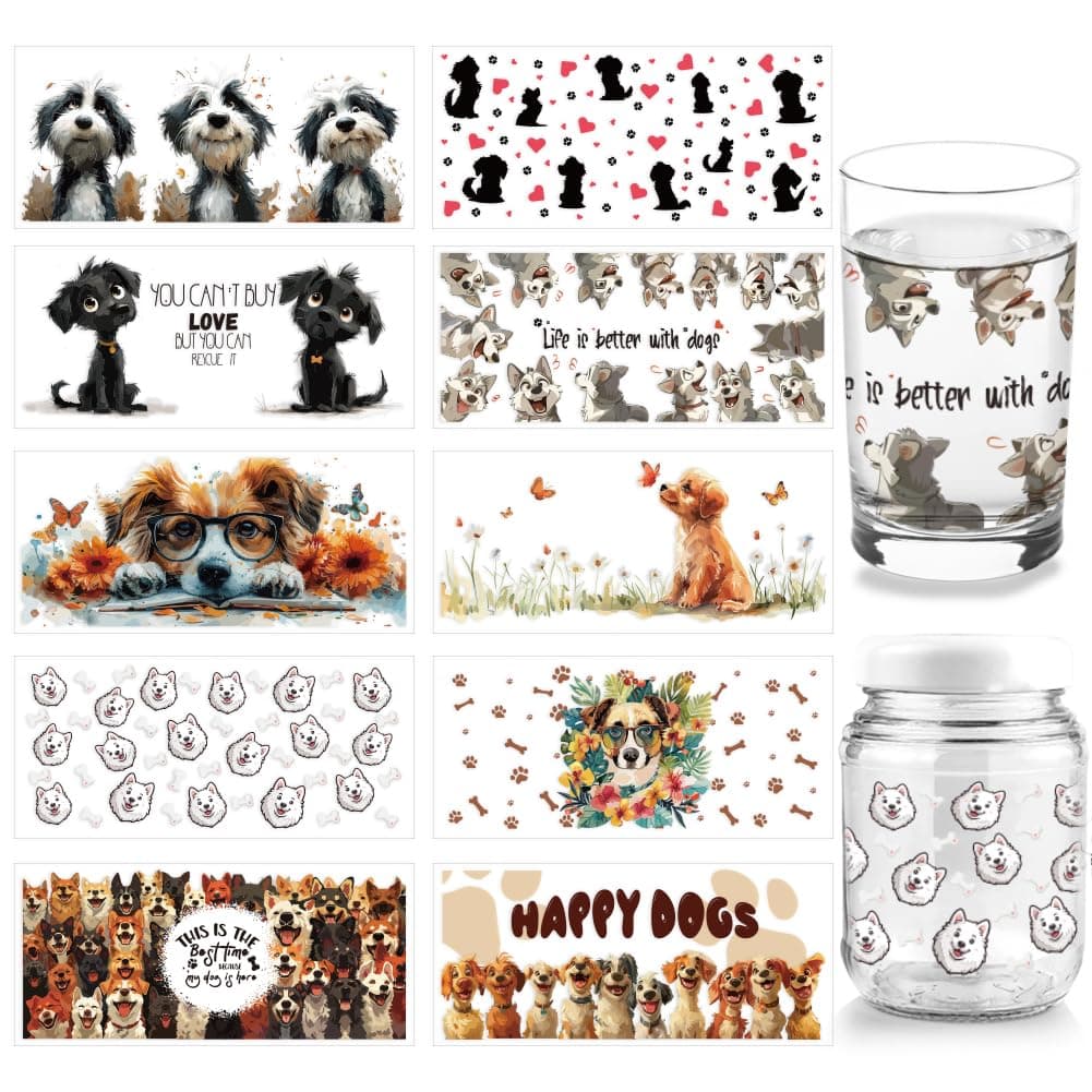 arricraft 10 Sheets Dog UV DTF Cup Wrap for 16OZ Glass, Life is Better with Dogs Rub on Decals Cartoon Paw Print Bone Heart Animal Transfer Stickers for DIY Bottles Dog Food Container Women