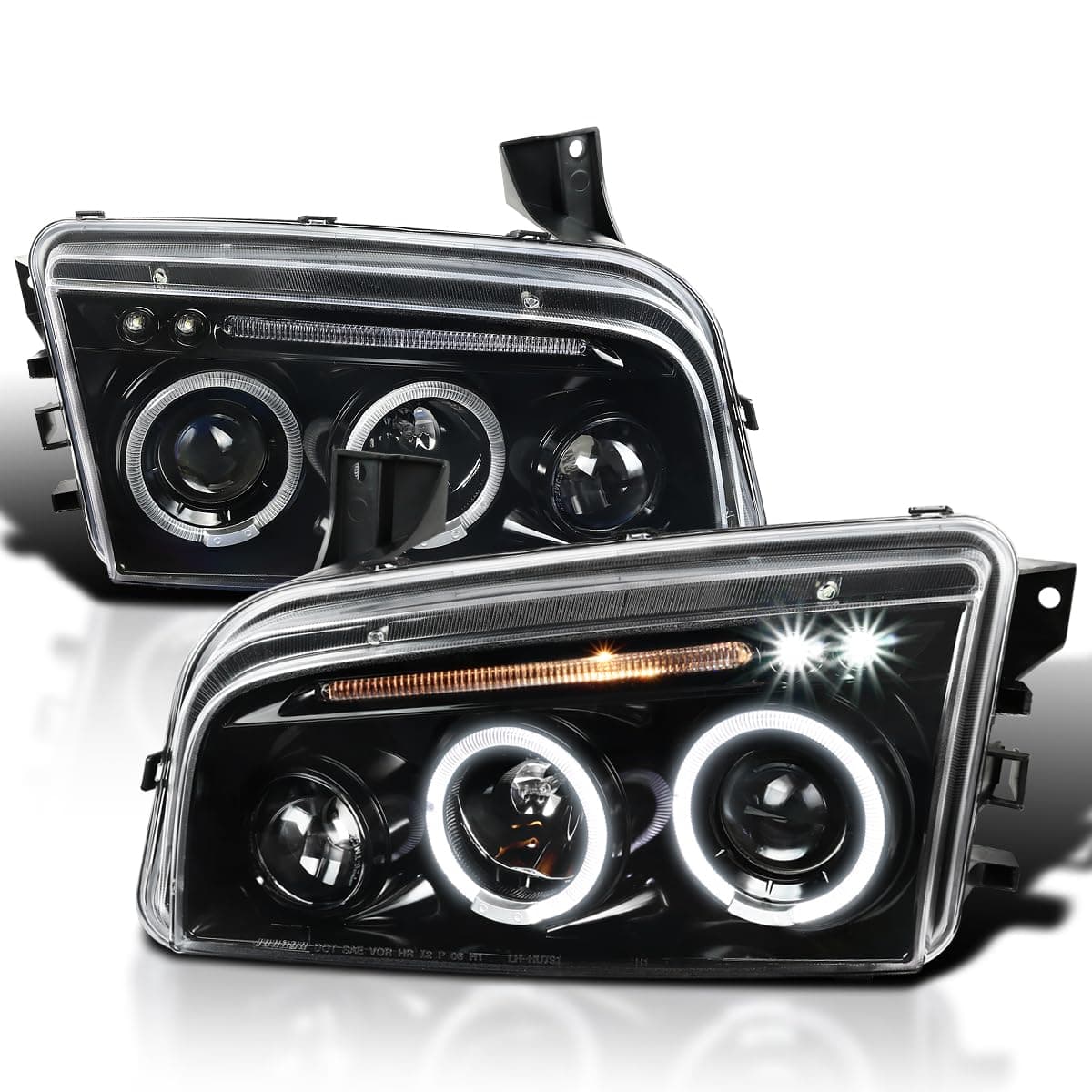 SPEC-D TUNING Jet Black LED Dual Halo Projector Headlights Compatible with 2006-2010 Dodge Charger, Left + Right Pair Headlamps Assembly