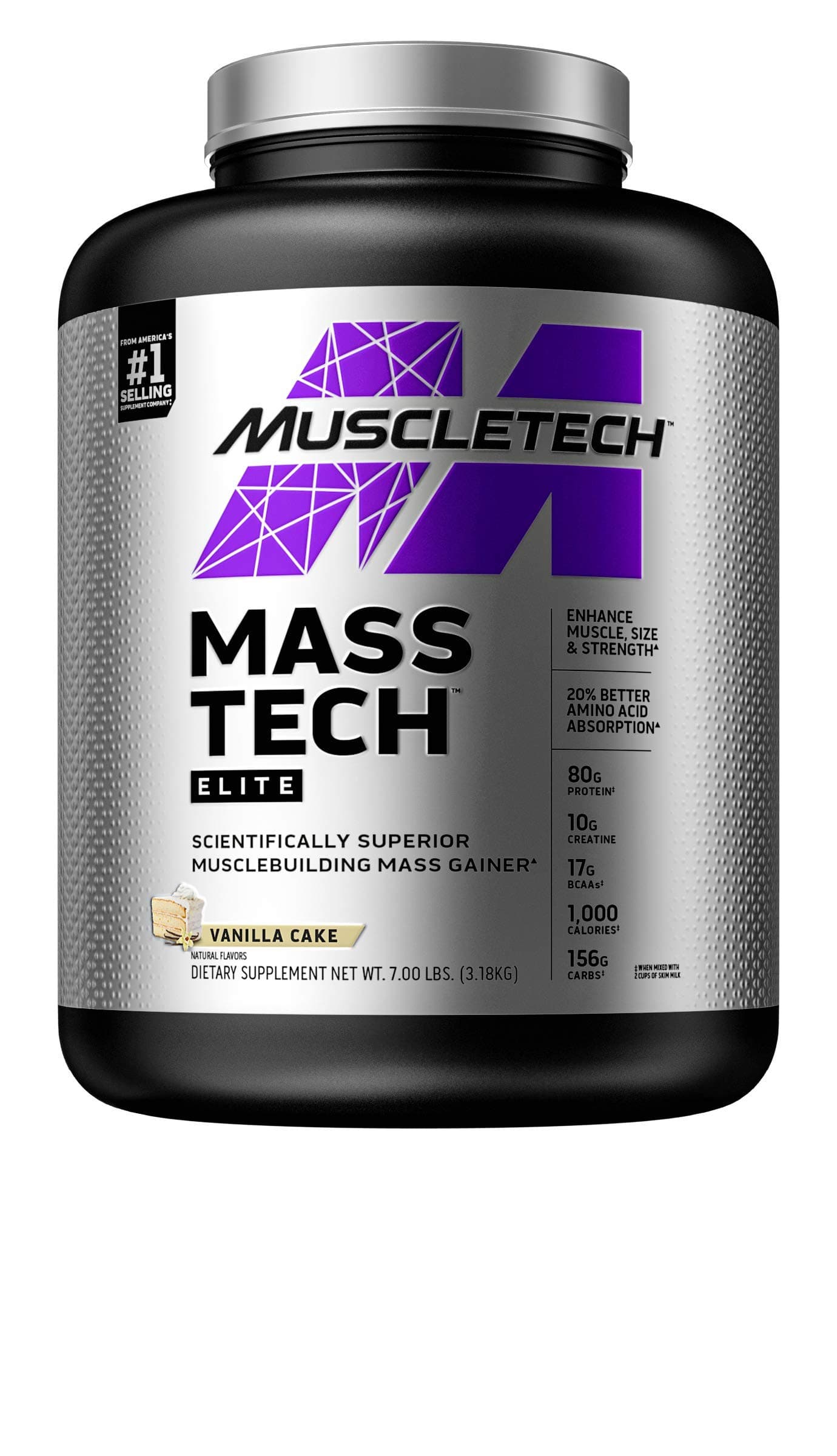 MuscleTech Mass Tech Elite Muscle Building Mass Gainer Enhance Muscle Size & Strength with 20% Better Amino Acid Absorption, Protein, Creatine, BCAAs, Calories & Carbs, Vanilla Cake Flavor 6.00 lbs