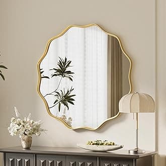 Gold Scalloped Circle Mirror, 20" Wavy Edge Round Wall Mirror with Tempered Glass Textured Circular Metal Deep Frame, Hanging Leaning for Bathroom, Hallway, Entryway, Livng Room