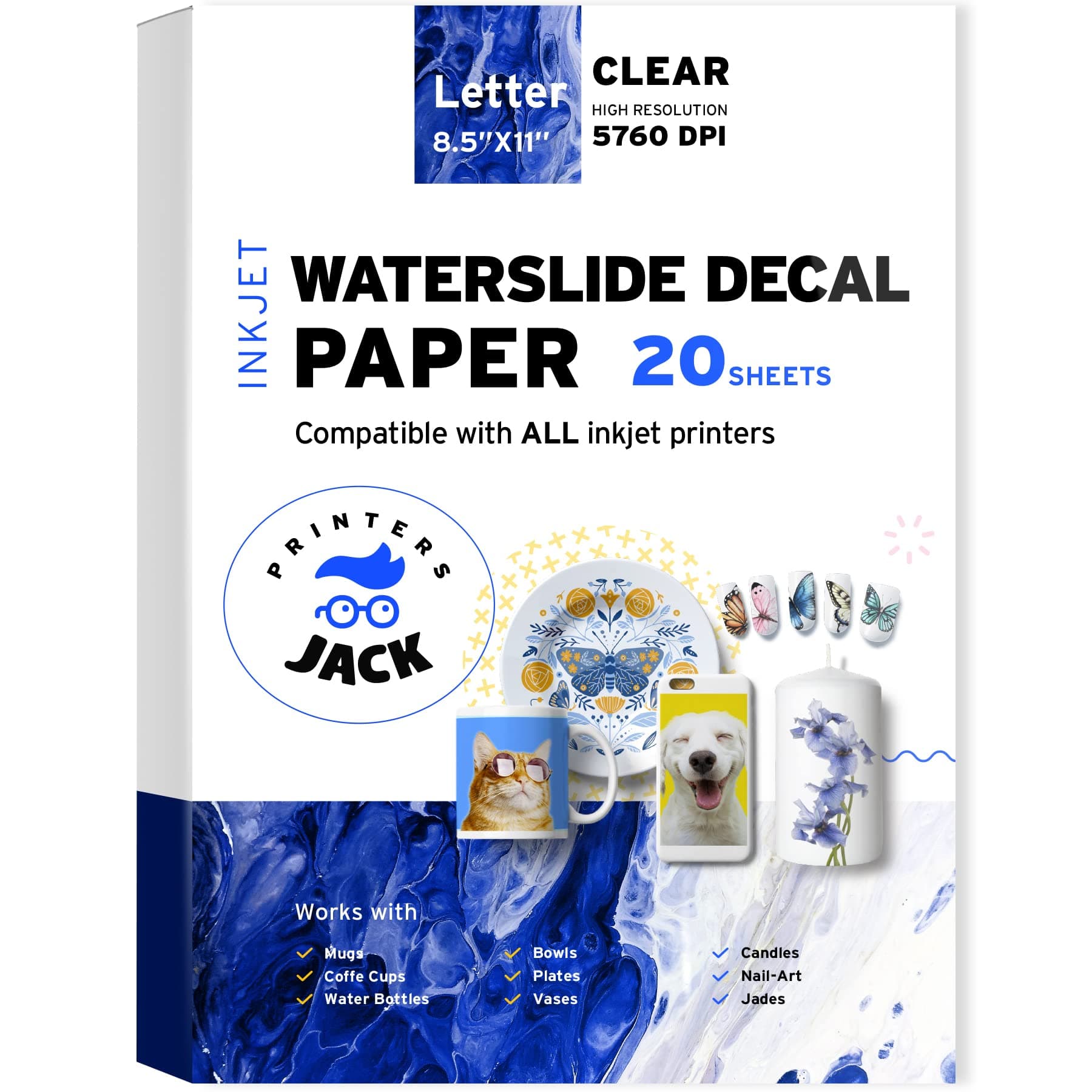 20 Sheets 8.5 x 11 inches Waterslide Decal Paper, Printers Jack Water Slide Decal Clear Paper for Inkjet Printer, Printable Waterslide Paper for DIY Tumbler, Mug, Nail Crafts, Candles Crafts.