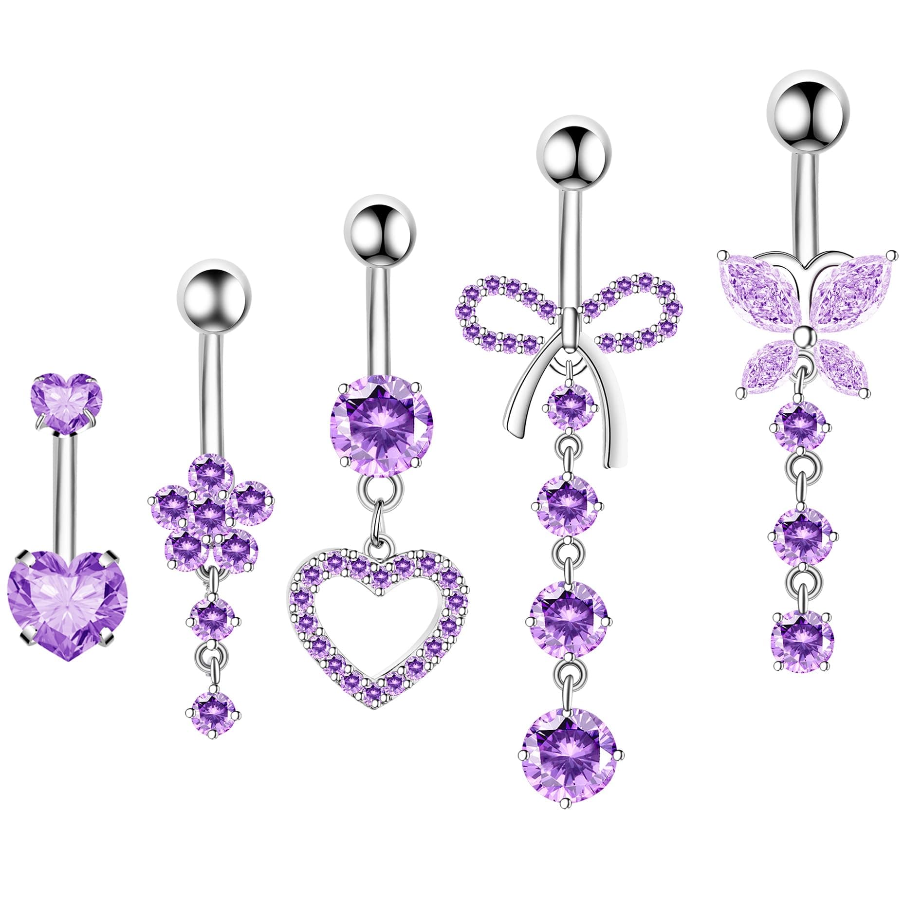 Belly Button Ring Dangle Navel Belly Piercing Jewelry Cute Pink CZ Heart Butterfly Bow Flower Navel Belly Rings for Women 14G Silver Stainless Steel Dainty Dangly Dangling Belly Button Piercing