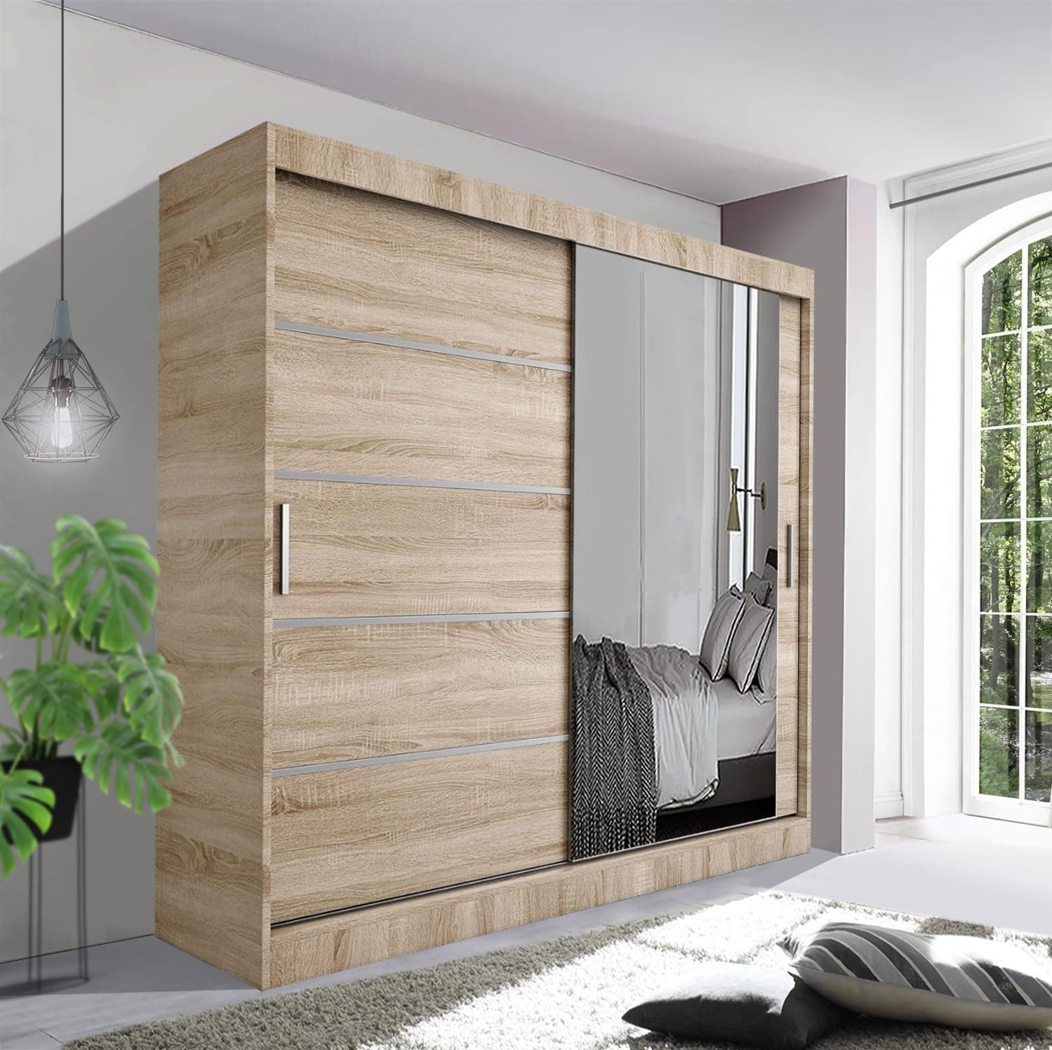 Spacious Bedroom Sliding Wardrobe - Sleek and Functional Design comes in White/Grey/Black/Oak and Width 120cm/150cm/180cm/203cm/250cm (Oak, 150cm)