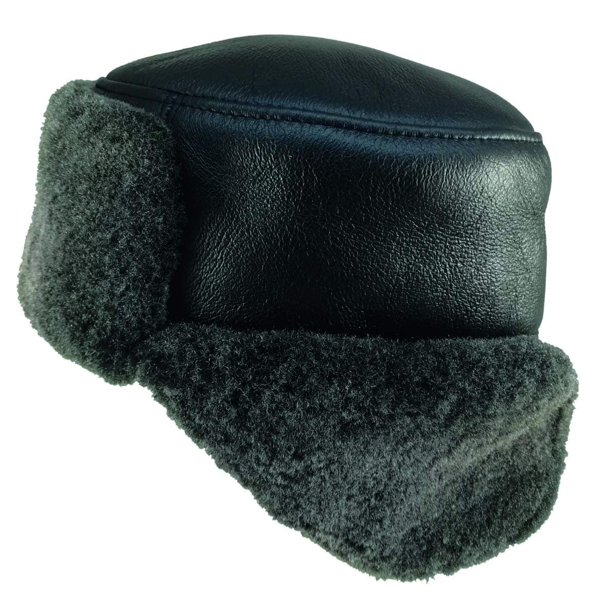 EL Real Fur and Leather Winter Trooper Hat with Shearling Bomber Hat Aviator Russian Ushanka Hat