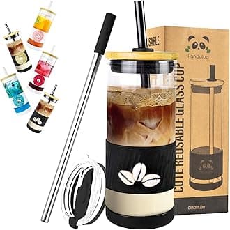 Pandaloo® Glass Cups With Lids and Straws -20 Fl Oz- Hand Made cool shell-raffia detail- Perfect Size Iced Coffee Cup - Smoothie Cup - BPA Free - (Mogador Vibe, 1 Count (Pack of 1))