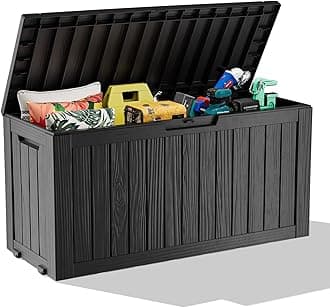 ROJIK Outdoor Storage Housing Deck Box - Waterproof Patio Furniture, Garden Tools, Cushions, Pool Accessories Storage Bench with Lockable Lid and Side Handles (Black 78 Gal)