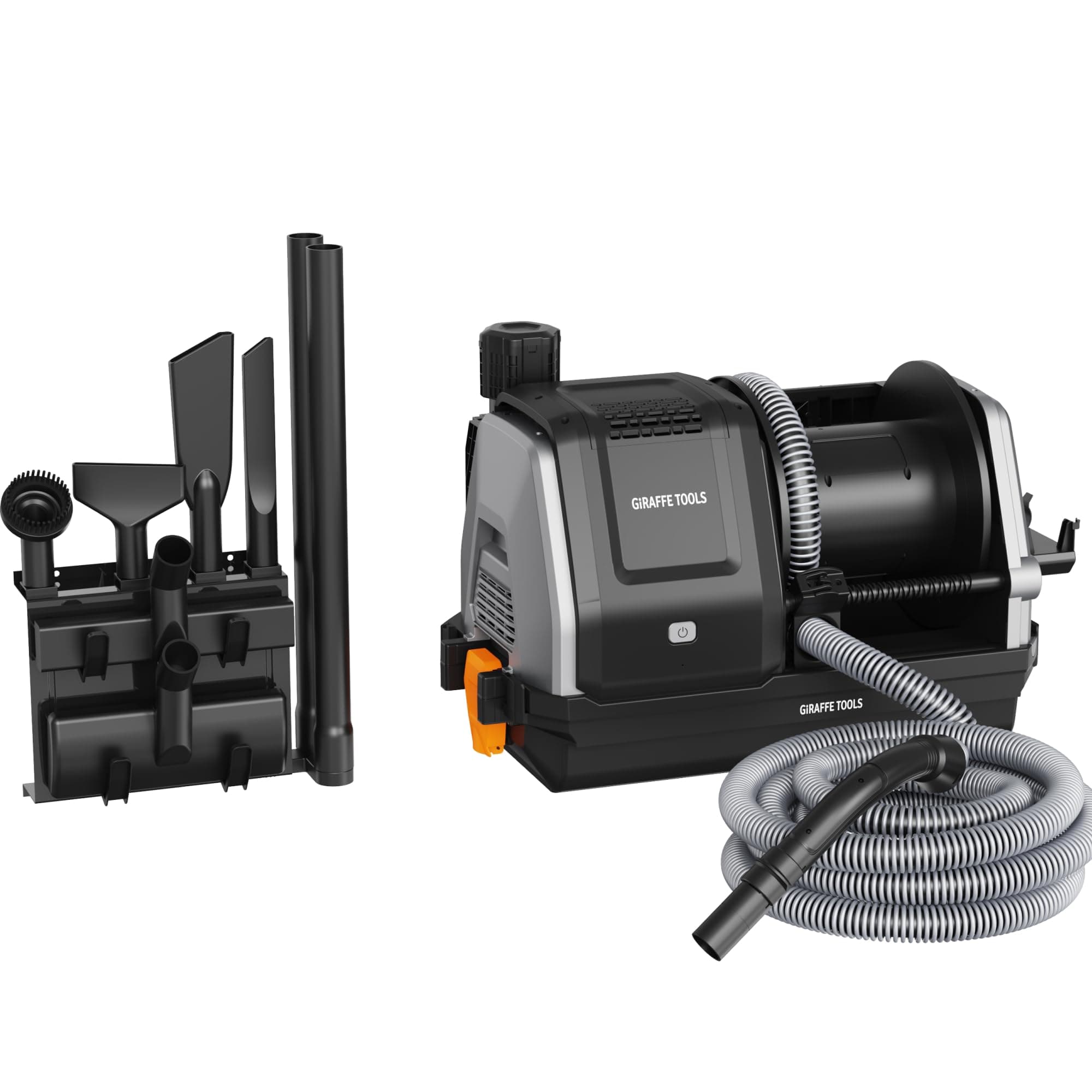 Giraffe Tools Grandstorm Retractable Vacuum Cleaner with 30 FT Hose Wall Mounted, Wet Dry Vacuum Cleaner with 6 Nozzles for Car Detailing Normal Version, Grey (No Remote Control Function)