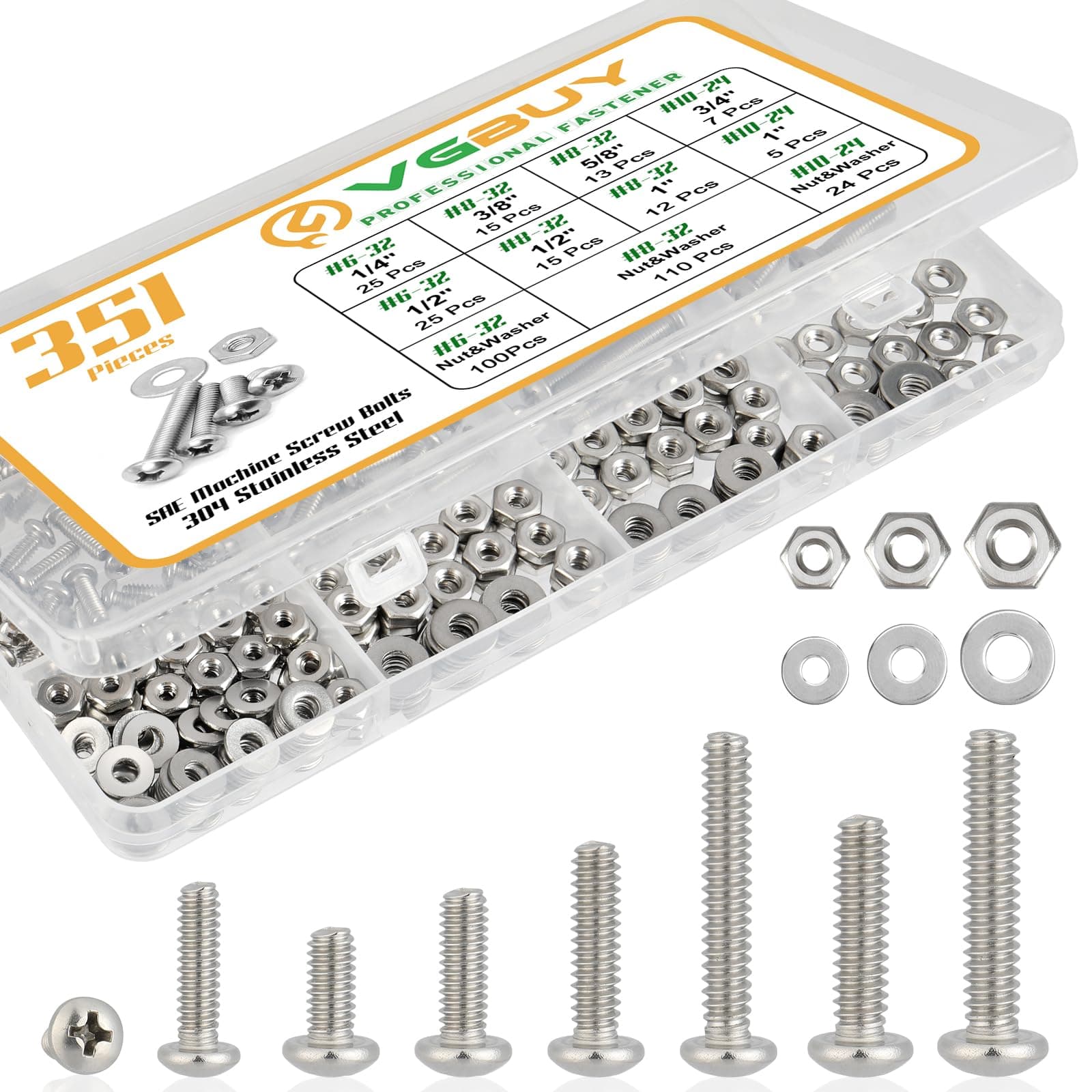 351Pcs Machine Screws Nuts and Bolts Assortment Kit, # 6-32# 8-32# 10-24 Phillips Pan Head Assorted 304 Stainless Steel Bolts Nuts Flat Washers Bolts with Case