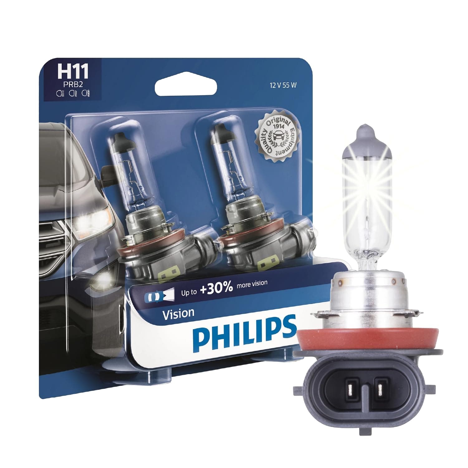 Philips Automotive Lighting H11 Vision Upgrade Headlight Bulb with up to 30% More Vision, 2 Pack,12362PRB2, white