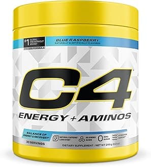 Energy + Aminos Powder, 5g BCAAs & EAAs for Muscle Recovery, 3 Electrolytes for Hydration, 100mg Natural Caffeine, Pre Workout, Zero Sugar, 30 Servings, Blue Raspberry