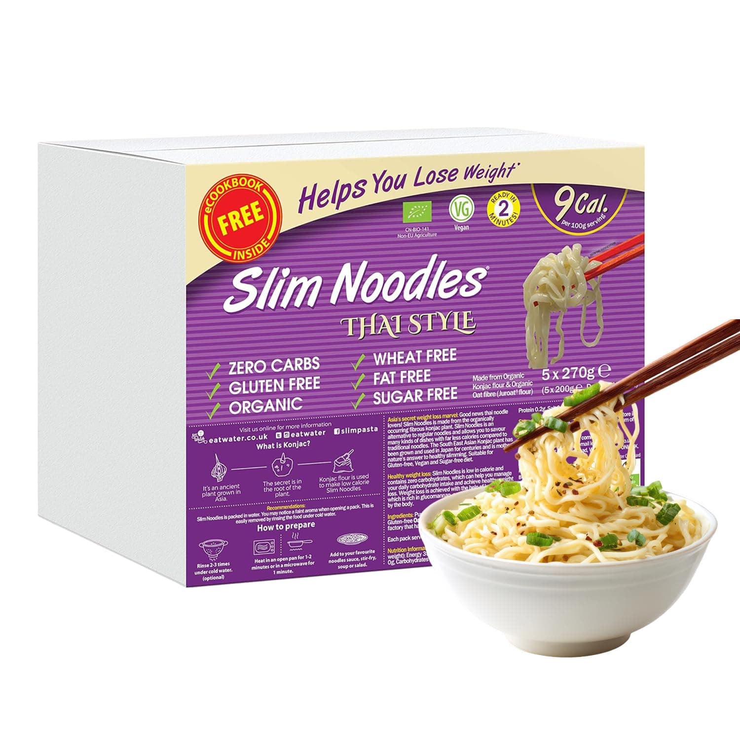 Eat Water Slim Pasta Zero Carbohydrate Enviro| Made from Organic Konjac Flour | Keto Paleo Diet and Vegan | Zero Sugar, Low Calorie Food Thai Style 270 g (Pack of 5),