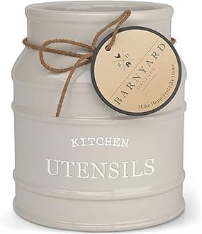 Barnyard Designs Ceramic Farmhouse Utensil Holder for Kitchen Counter, Large Rustic Utensil Crock, Countertop Cooking Tool Spatula Organizer, 6.75” (Taupe)