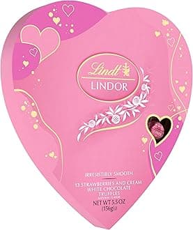Lindt LINDOR Valentine's Strawberries and Cream White Chocolate Candy Truffles Heart, White Chocolate Candy with Strawberries and Cream White Truffle Filling, 5.5 oz.