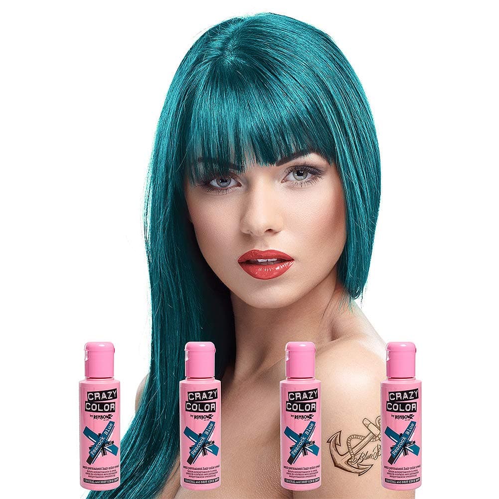Crazy Color Semi-Permanent Colour Hair Dye 4 Pack 100ml (Peacock Blue)