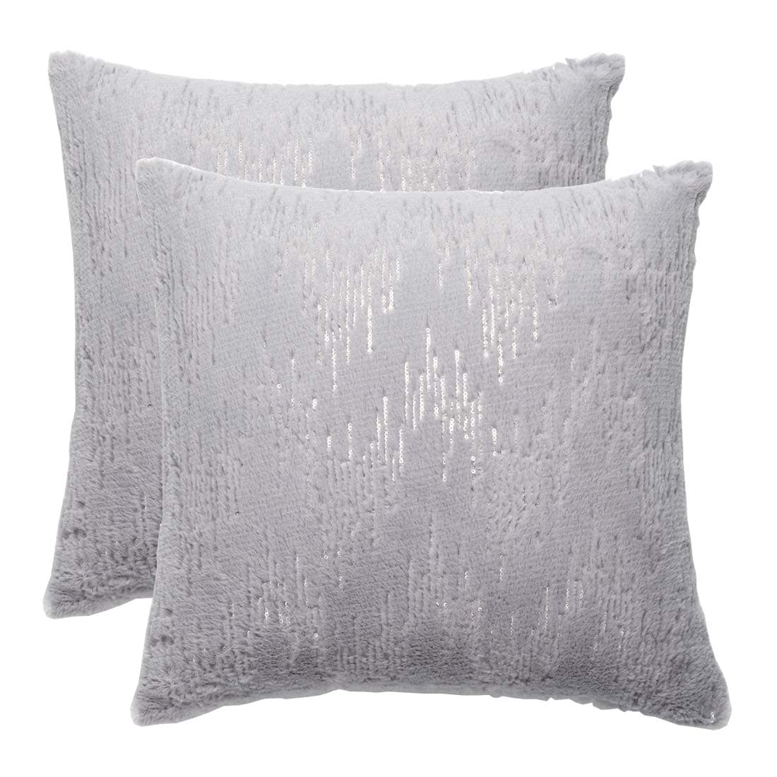 Throw Pillows Covers 18 x 18,Set of 2 Grey Fur With Silver Embroider Sequins Soft Throw Pillows for Couch Bed,Accent Home Decorative Square Cushions Cases Shams Pillowcases Farmhouse,45 x 45 CM