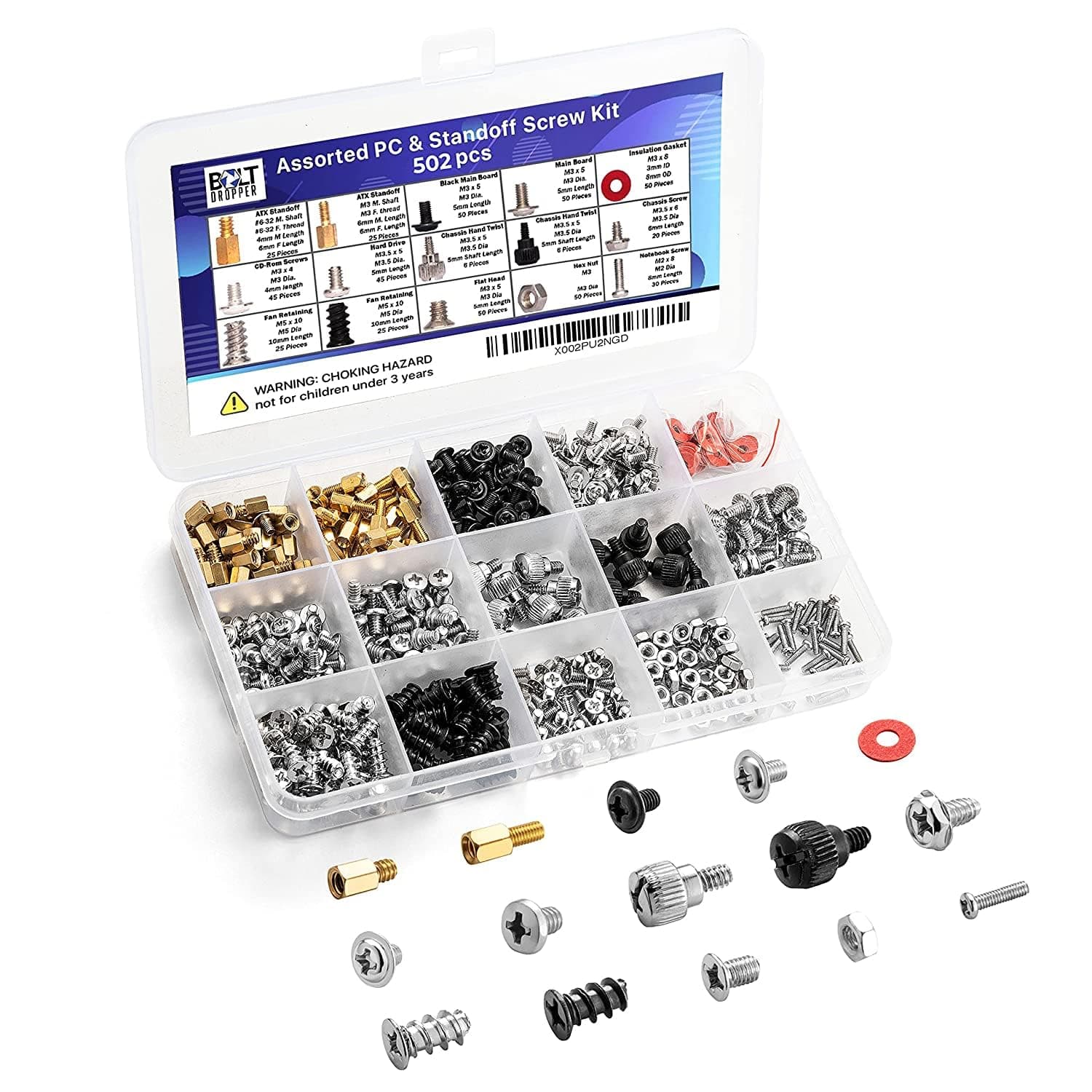 Bolt Dropper 502pcs Computer Screw Assortment Kit - Standoffs Screws for HDD Hard Drive, Fan, Chassis, ATX Case, Motherboard, Case Fan, Graphics, SSD, Spacer - DIY PC Installation and Repair Set