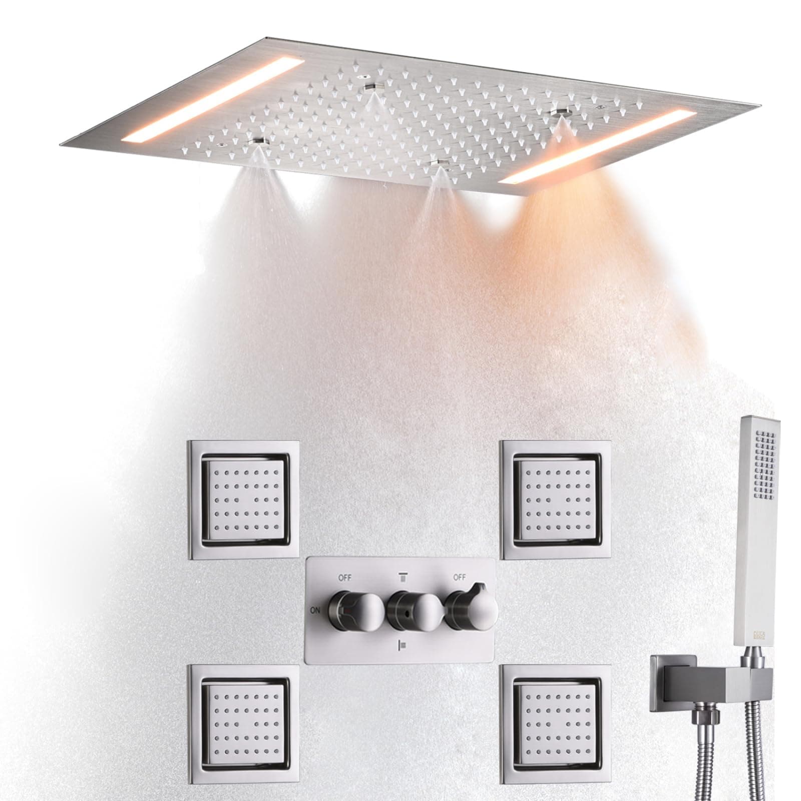 Luxury Rainfall Shower System Set Ceil Mounted 14 X 20 Inch Rectangular Mist Rain Shower Head Faucet With LED Control Spa Bath Shower Body Combo Jets Brushed Nickel