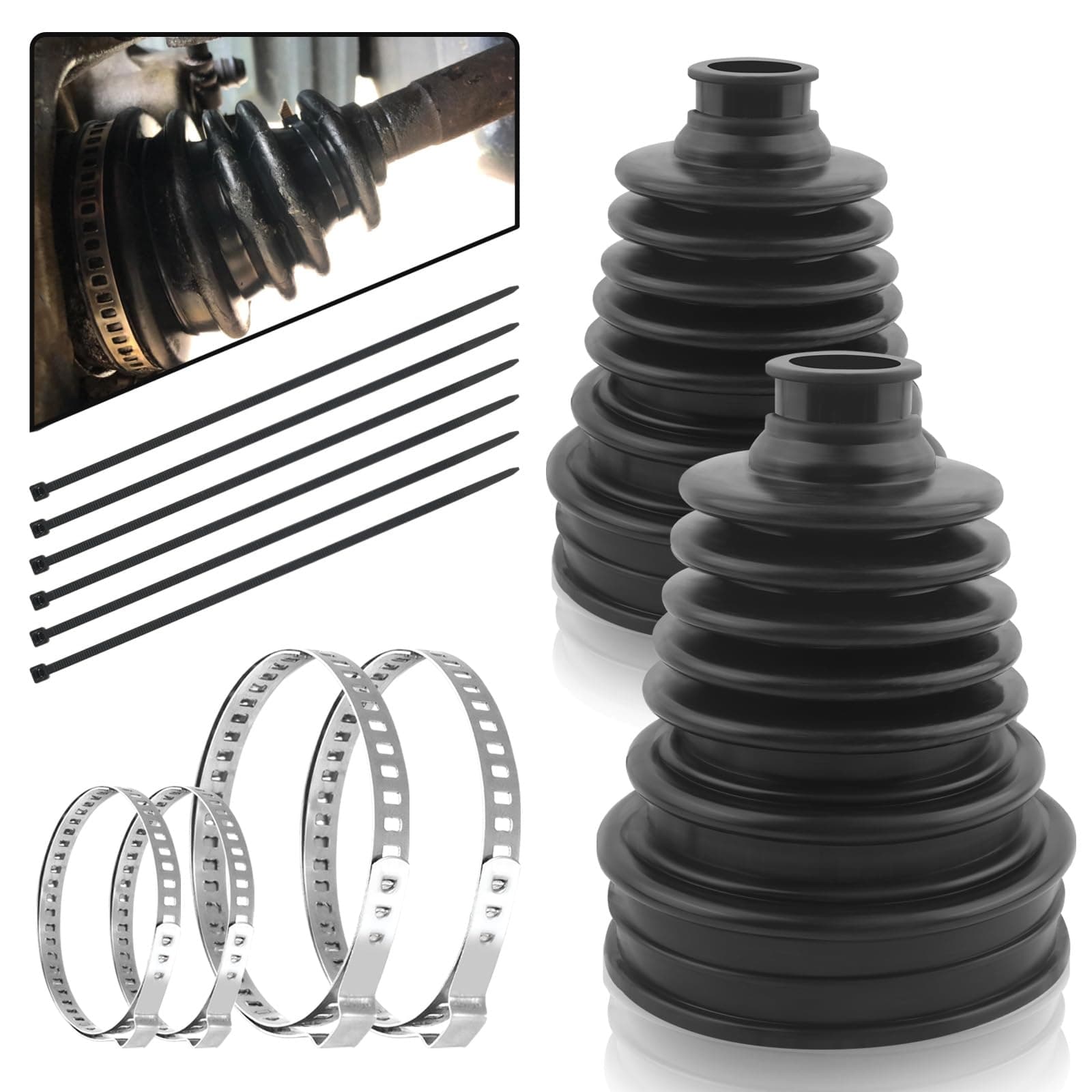 2PCS CV Boot with 4 Stainless Steel Clamps & 6 Cable Ties,Waterproof & Dustproof CV Axle Boot Repair Kit for Protect Axle,Universal CV Joint Boot Fits for Most Cars (2PCS)
