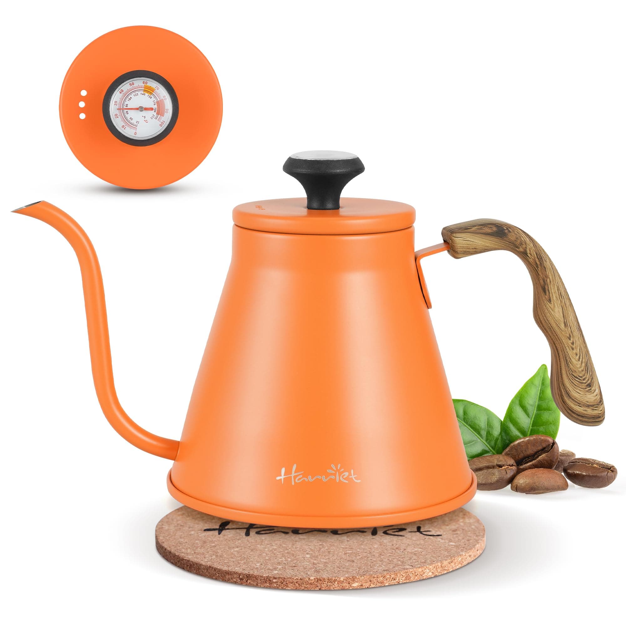 Gooseneck Kettle with Thermometer for Pour Over Coffee and Tea, 37 fl oz, Stainless Steel, Durable 3-Layer Base, Ideal Spout for Precision Pouring, Compatible with all Stove Tops, Orange