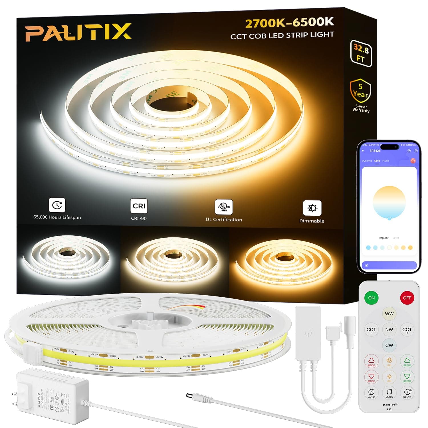 COB LED Strip Light White CCT Tunable 32.8ft/10m,UL-Listed 6400LEDs Dimmable 2700K-6500K CRI90+ 24V LED Tape Light Kit with APP Control/Music Mode,for Under Cabinet Bedroom Kitchen DIY Lighting