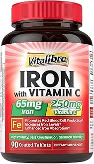 Iron Supplement 65mg with Vitamin C, Stomach Friendly Carbonyl Iron, High Absorption, Once Daily, Gluten Free, Non-GMO, 90 Tablets