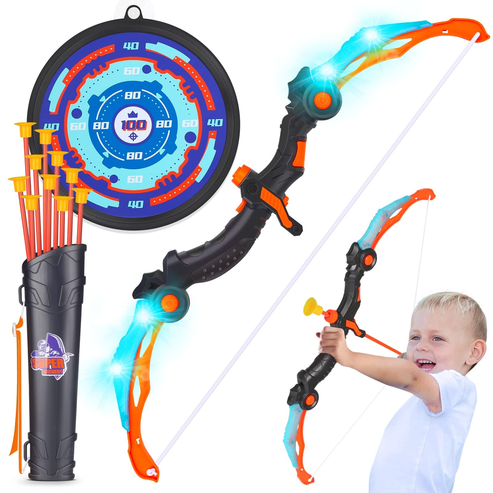 YIMOREBow and Arrow Set Kids, Archery Set with LED Light with 10 Suction Cups Arrows Targets Quiver, Indoor Outdoor Garden Games