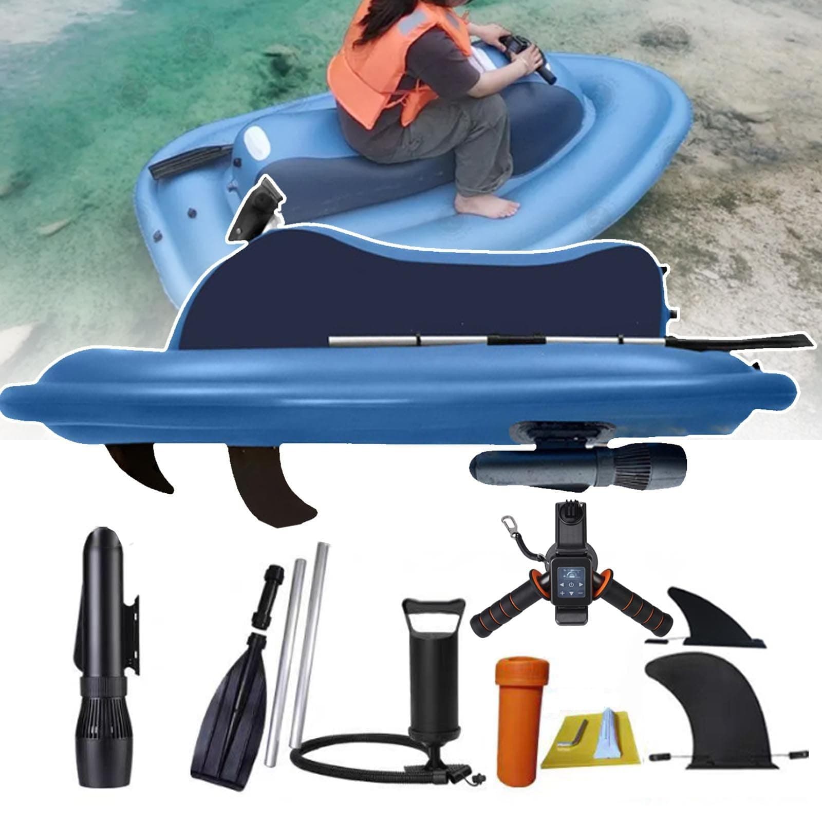 Foldable 2-In-1 Electric Inflatable Jet Ski & Diving Underwater Scooter W/ 500w 60 Mins Brushless Motor,10000mah Battery - 9km/H For Adults And Kids Sea Diving Swimming Equipment ,BlueWiththruster