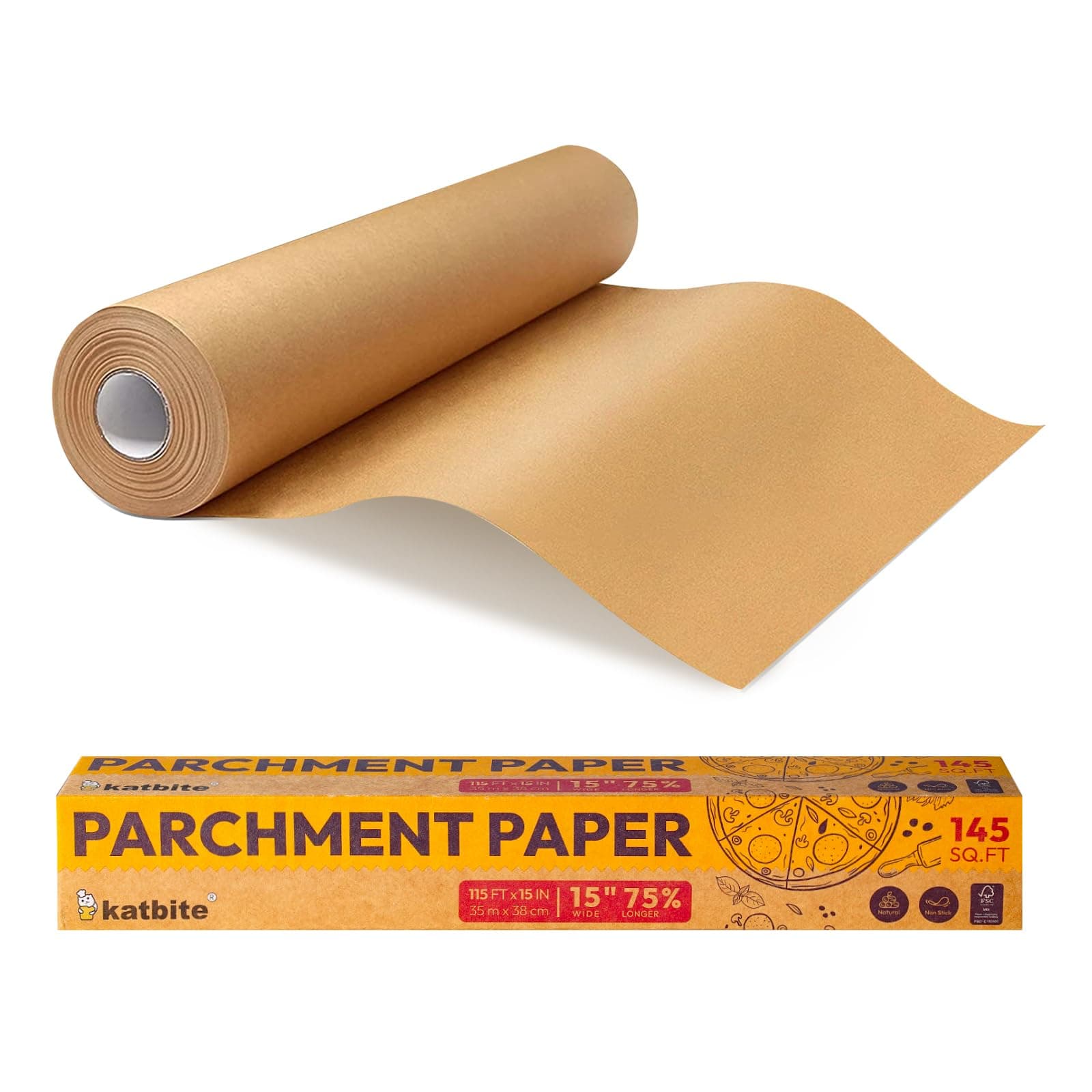Parchment Paper Roll 15in x 115ft, Unbleached Pachment Baking Paper Roll 145 Sq.Ft, Non-Stick and Extra Longer Parchment Paper with Portable Serrated Cutter for Baking,Cooking,Space-saving