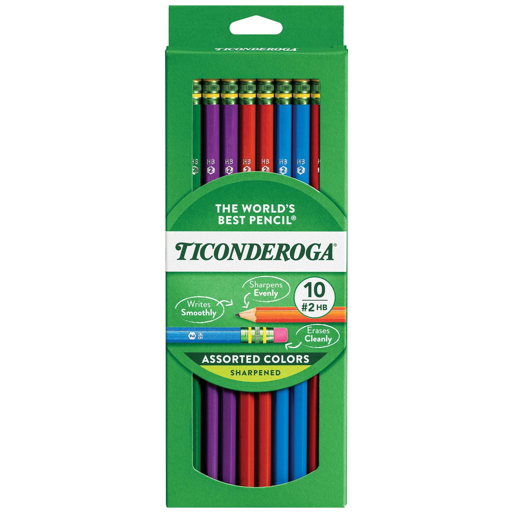 TICONDEROGA Pencils, Wood-Cased Graphite, #2 HB Soft, Pre-Sharpened, Assorted Color Barrels, Black Lead, 10-Pack (13932)