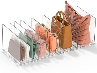 GoMaihe Bag & Purse Organizer for Closet: Adjustable Clear Handbag Storage Shelf - Plastic Clutch Dividers | Minimal | Keep Purses upright