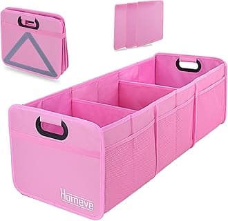 Homeve Large Collapsible Trunk Organizer with Multi Pockets, 3 Compartments Storage Organizer for Car, SUV, Minivan, Pink…