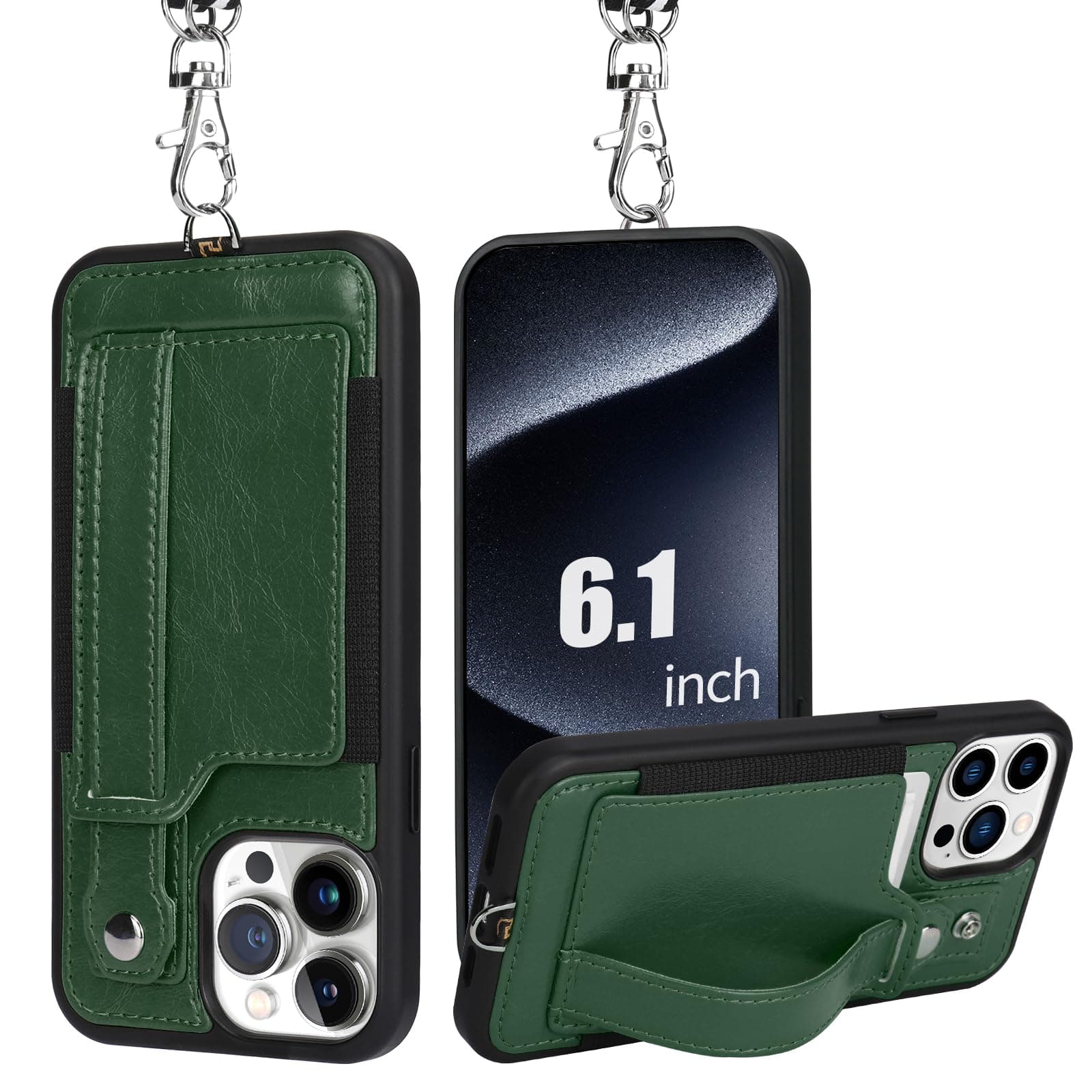 TOOVREN Phone Case Compatible with iPhone 15 Pro Wallet Case for iPhone 15 Pro Case with Card Holder Stand Strap Kickstand Leather Case Fits iPhone 15 Pro Lanyard Case for Women Men 6.1 inch Green
