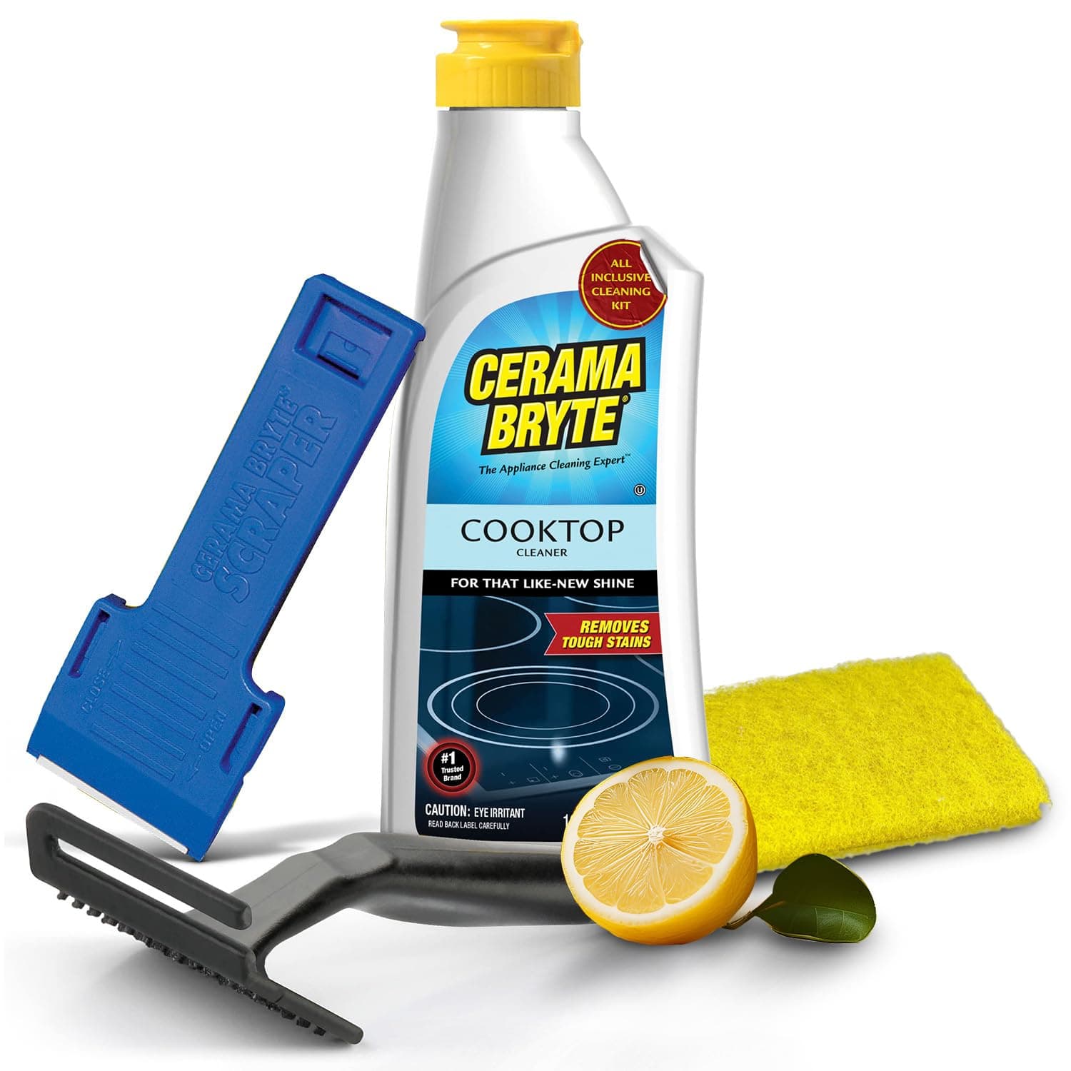 Glass Cooktop and Stove Top Cleaner Combo Kit - Includes Cleaning Tool, Razor, Scraper and 1 Pad to Remove Tough Stains - Use on Gas, Electric, Ceramic Surfaces, 10 Ounces, 4 Piece