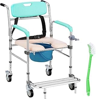 Shower Chair with Wheels, Commode Chair 3 in 1 Shower Wheelchair with Removable Bucket, Padded Seat, Toilet Brush, Waterproof Rolling Shower Chair for Elderly and Disabled Holds Up to 300 lbs