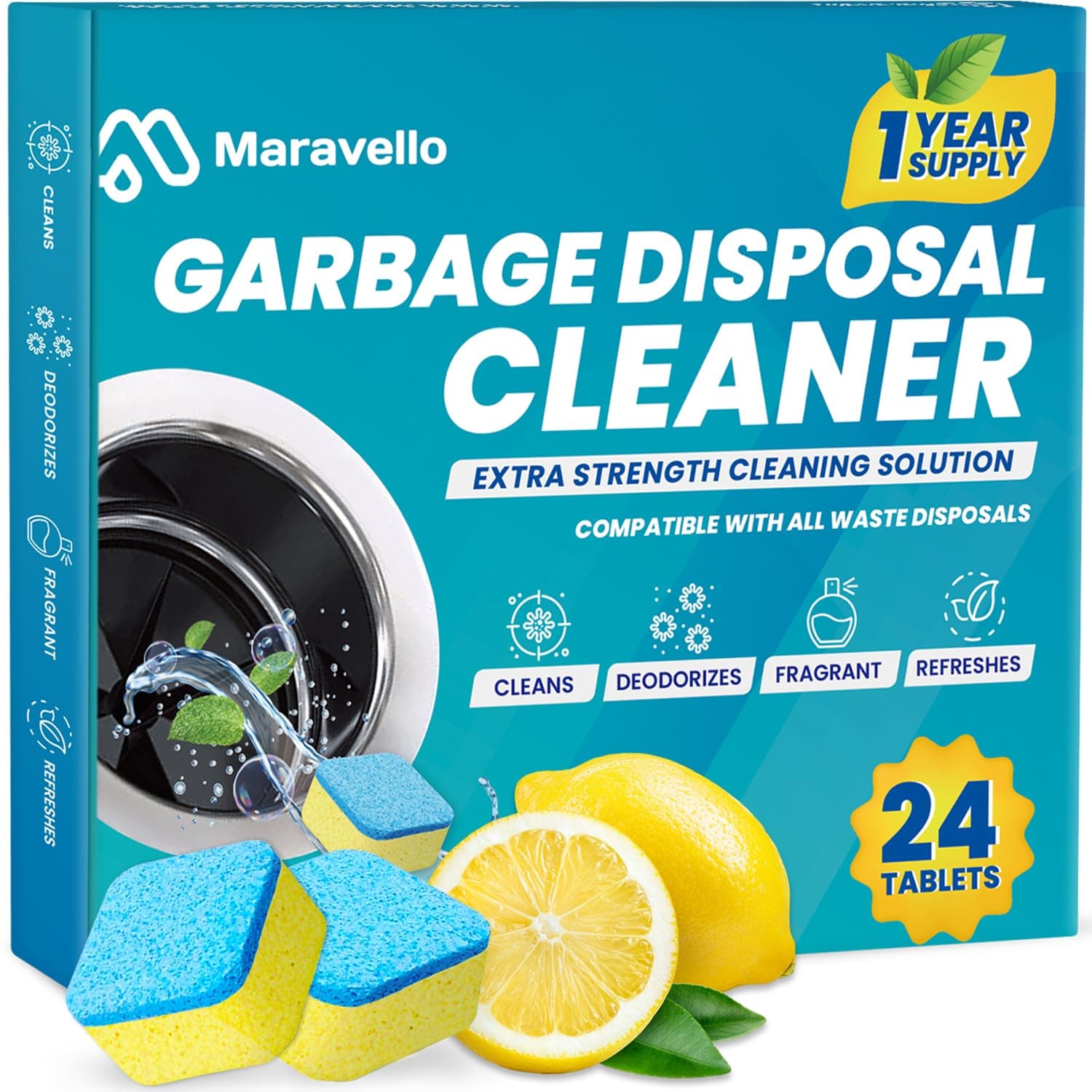 Garbage Disposal Cleaner and Deodorizer 24 Tablets: Maravello Sink Foaming Garbage Disposer Freshener - Kitchen Drain Cleaning Pods with Lemon Fresh Formula - 1 Year Supply