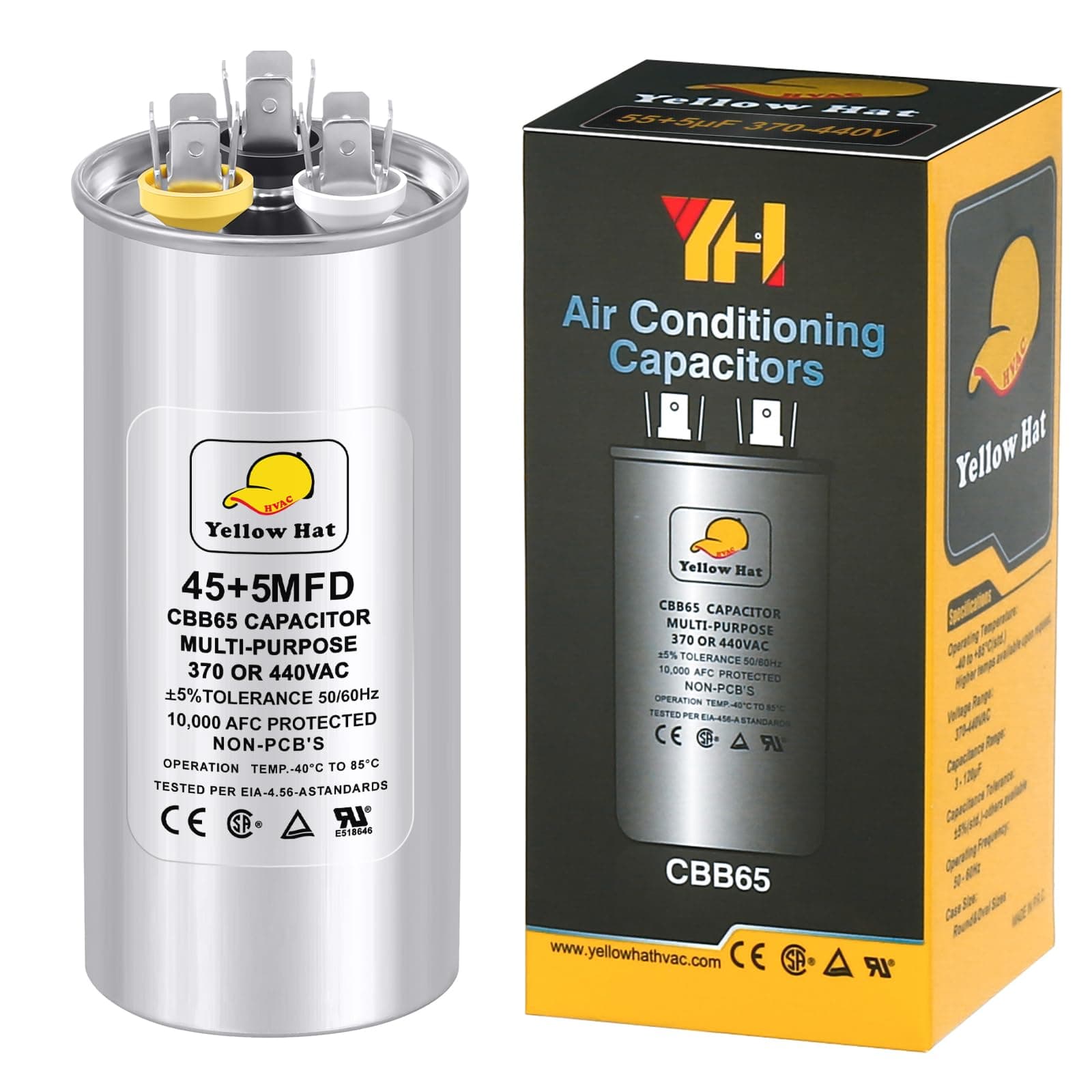 Capacitor for Air Conditioner 45+5 uf MFD 370 or 440 Volt VAC, Multi-Purpose Round Capacitor for AC Motor Run or Fan Motor Start or Condenser Straight