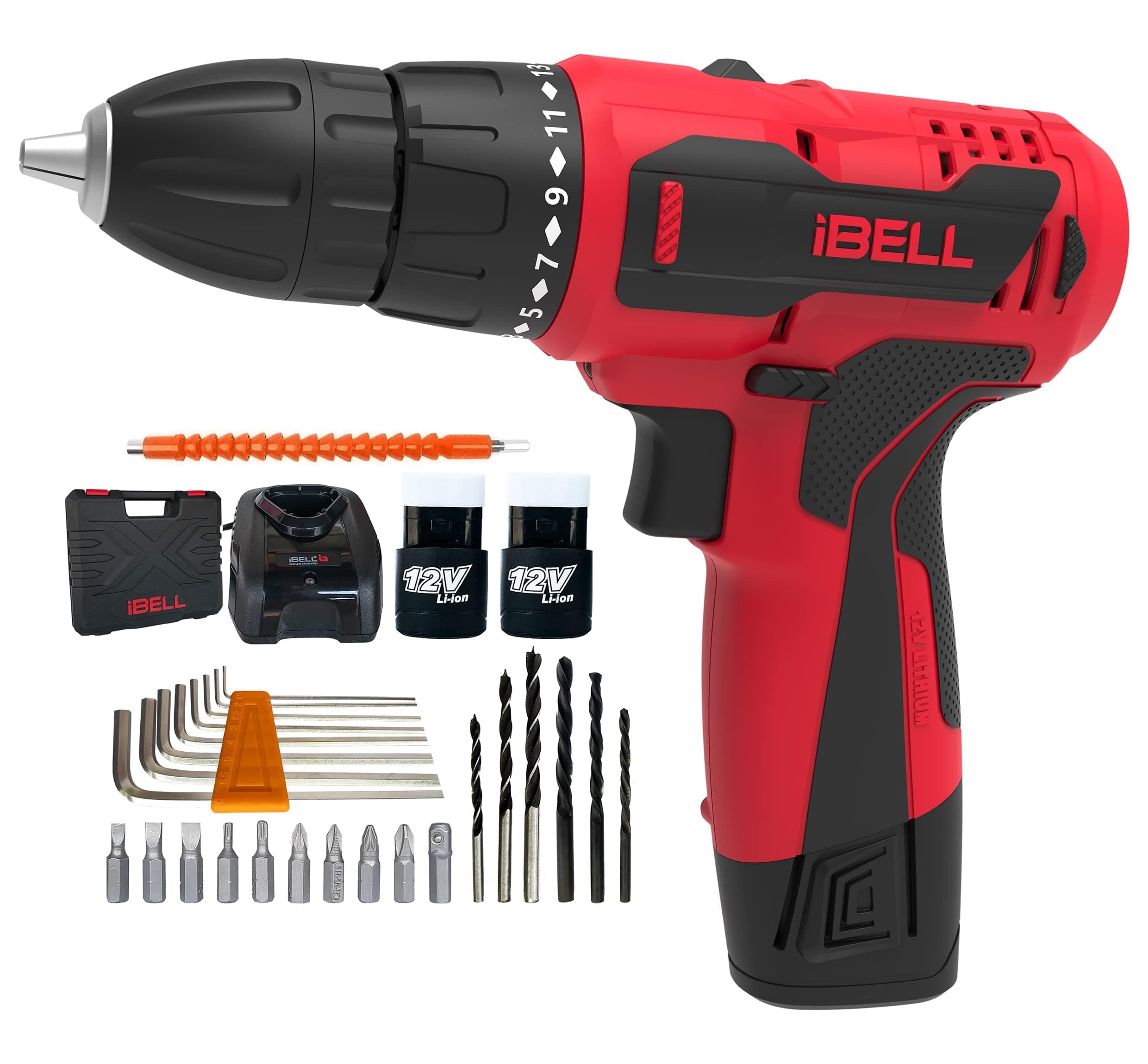 IBELL Cordless Drill Driver CD12-74, 12-Volts, 2 Battery BMC Box (Red, 0.4 inches)