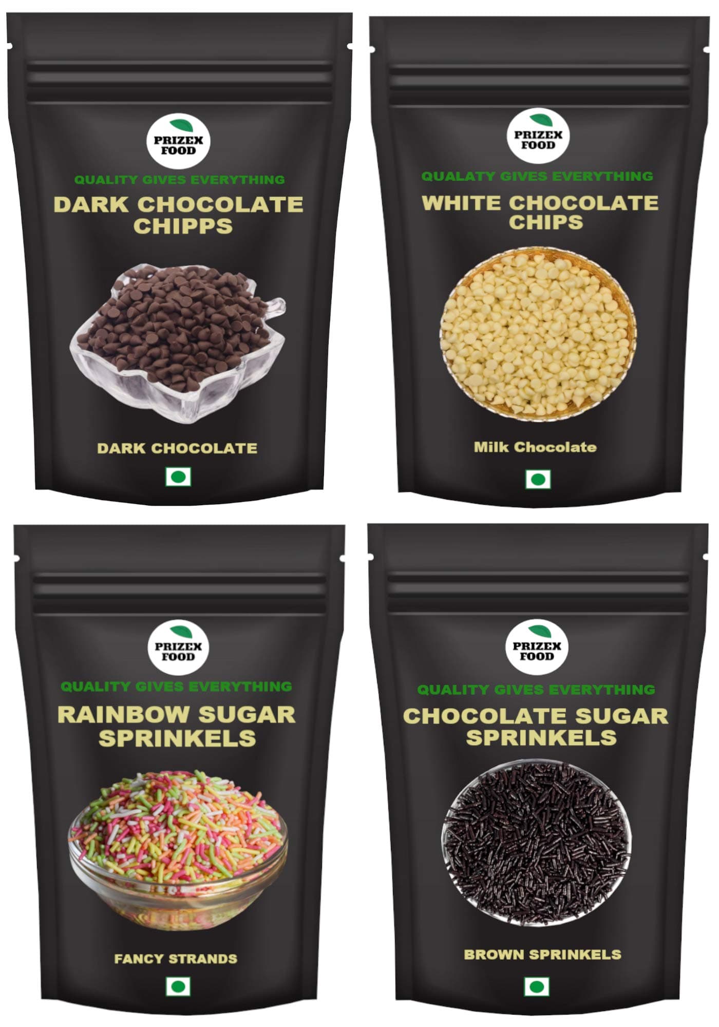 Prizex Combo of Rainbow Sprinkles, Choco Sprinkles , Dark Chocolate Chips&White Chocolate Chips 200g (Pack of 4*50g Each)