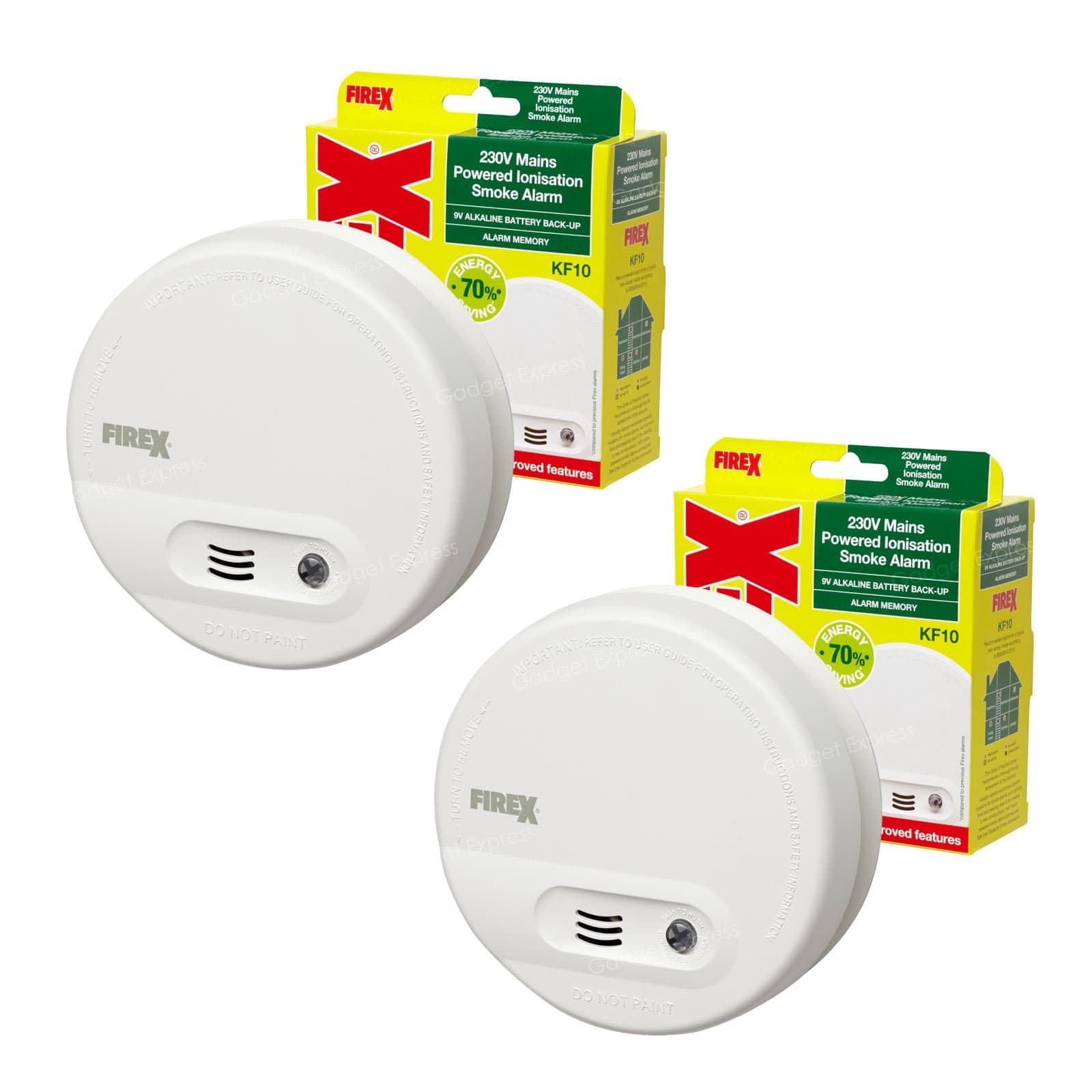 2 x Kidde Firex KF10 (4870) Mains Smoke Alarm Ionisation Sensor with 9V Built in Battery Back Up/Test and Hush Button