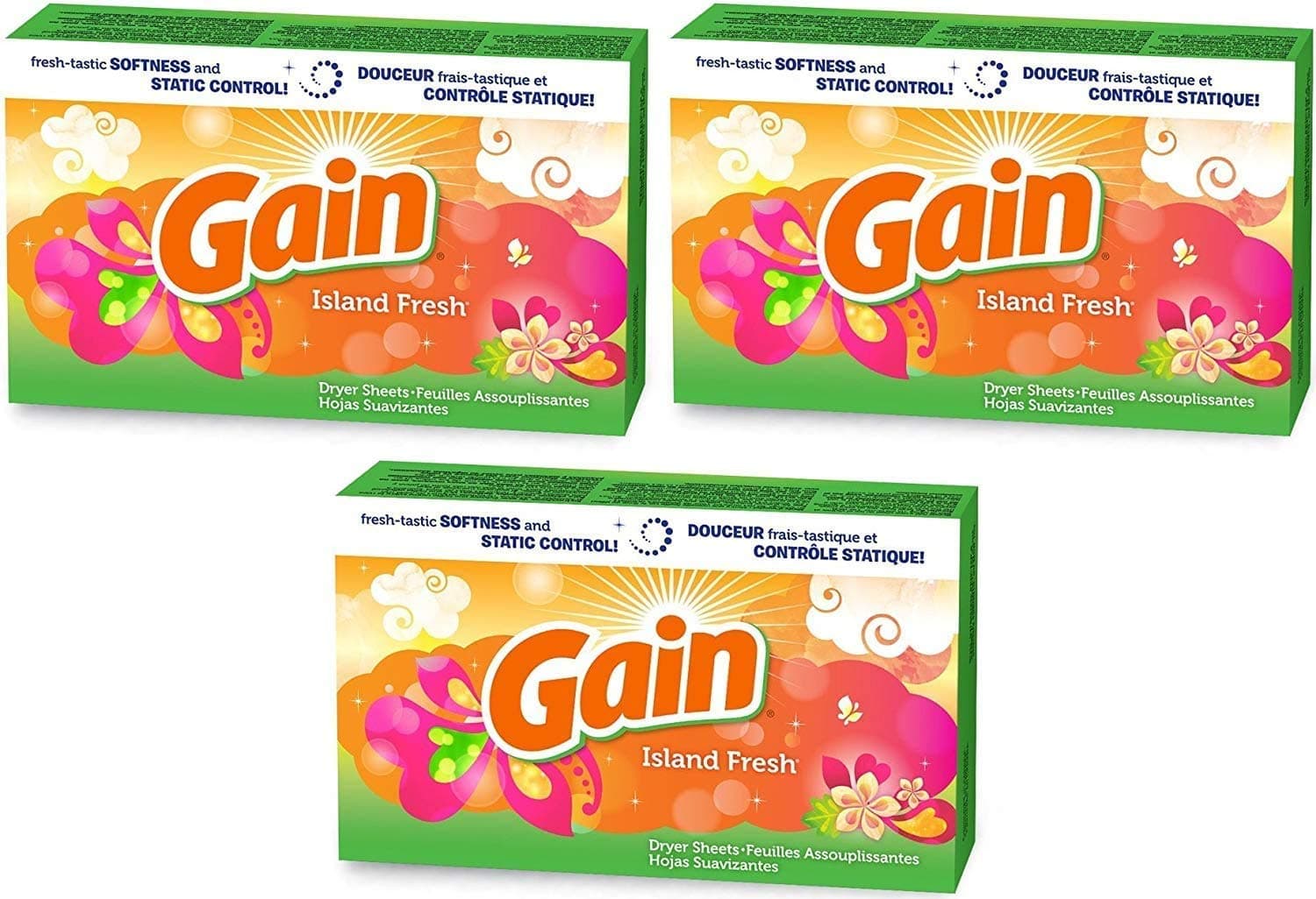 GainDryer Sheets - Island Fresh Scent - 34 Count Dryer Sheets Per Box - Pack of 3