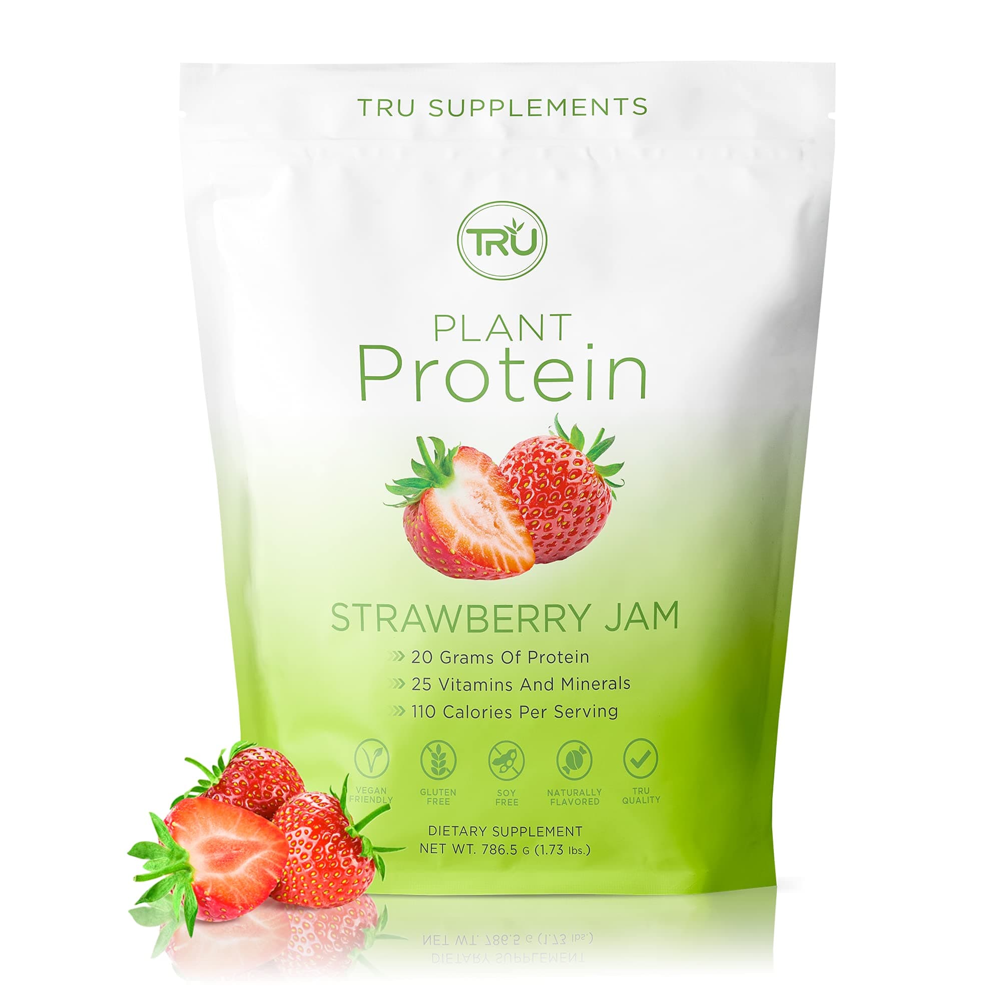 TRU Supplements Plant Based Protein Powder, BCAA, EAA, 20g Vegan Brown Rice & Pea Protein, 100 Calories, 27 Vitamins, No Artificial Flavors 25 Servings (Strawberry Jam)