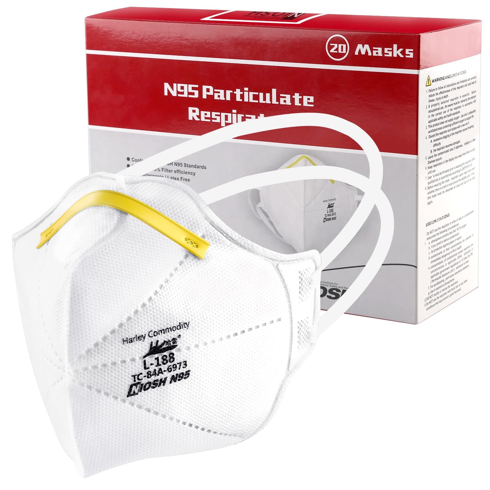 Harley N95 Mask 20 Pack,NIOSH Certified Particulate Respirators Protective Face Mask,L-188 White N95 Face Masks for Adult Men & Women