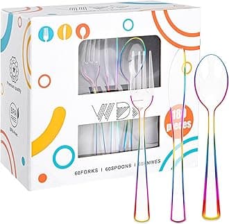 WDF 180 PCS Rainbow Plastic Silverware - Clear Colorful Cutlery Disposable Heavy Duty Include 60 Forks, 60 Knives and 60 Spoons - Colorful Disposable Utensils for Trolls Party/Birthday Party