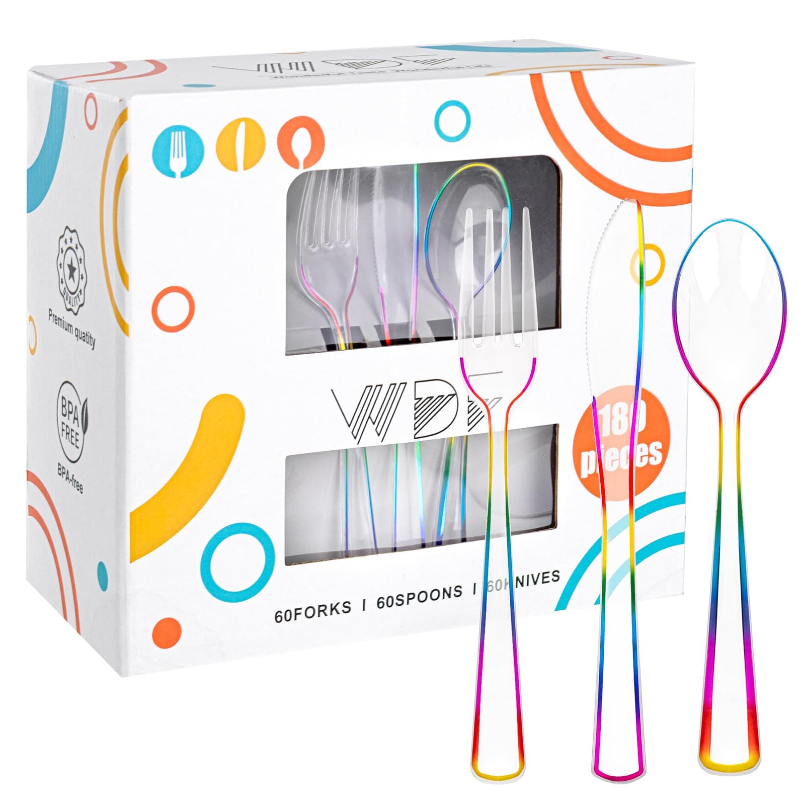 WDF 180 PCS Rainbow Plastic Silverware - Clear Colorful Cutlery Disposable Heavy Duty Include 60 Forks, 60 Knives and 60 Spoons - Colorful Disposable Utensils for Trolls Party/Birthday Party