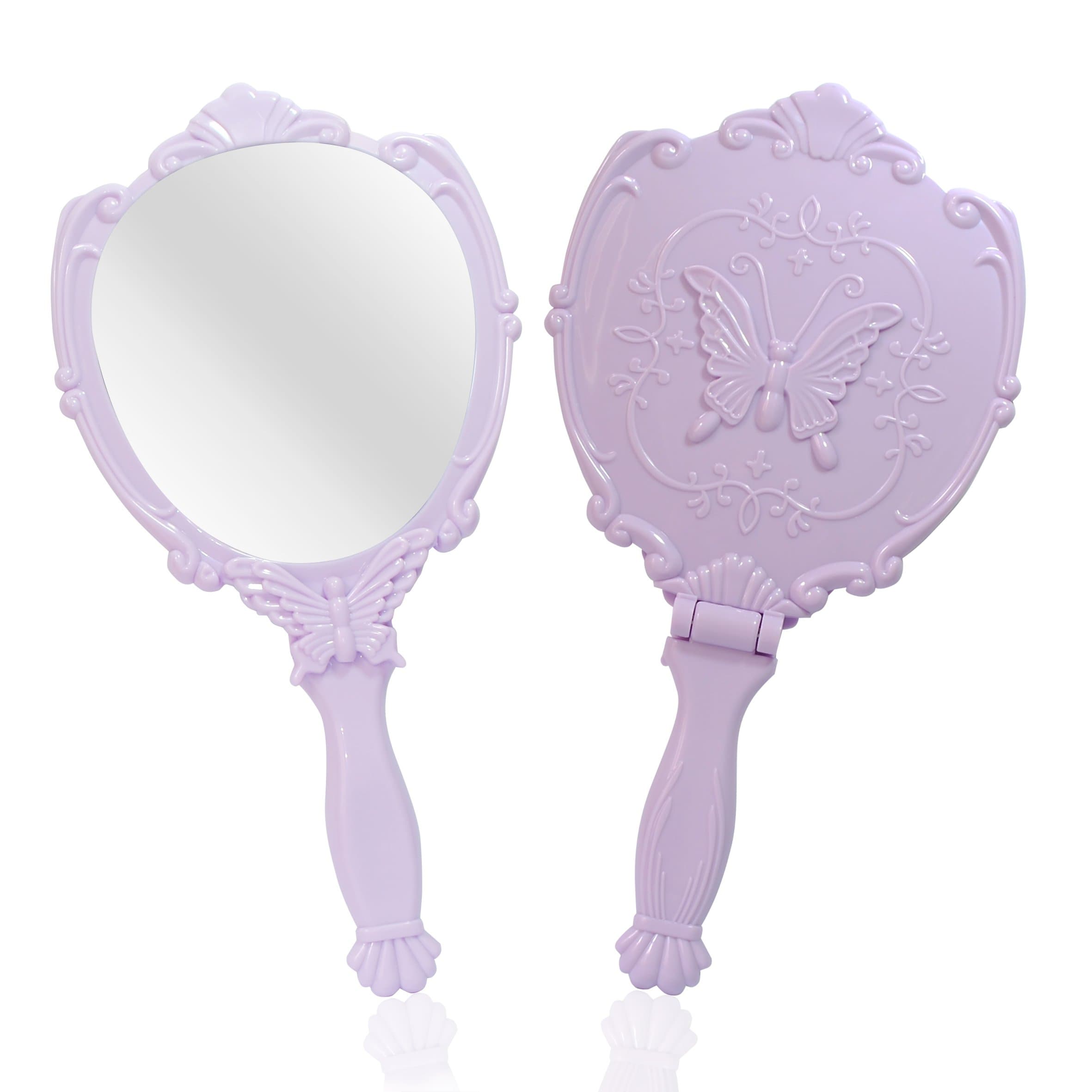Embossed Butterfly Handheld Mirror with Folding Handle, Princess Style Girls Mirror with Handle, Purple