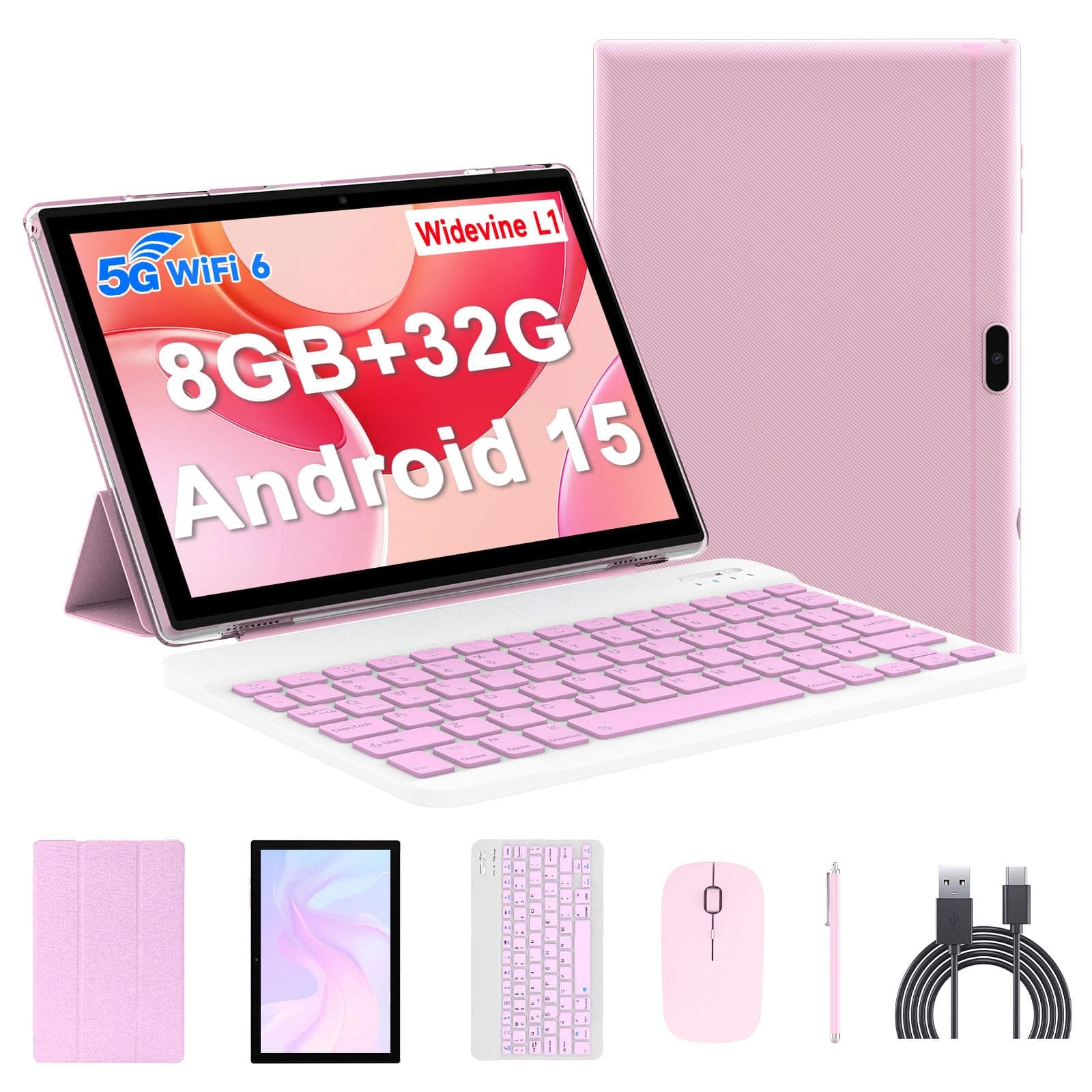 Android 14 Tablet, 10 Inch 8GB RAM+64GB ROM+1TB Expand, 1.8Ghz Quad-core Processor, 2 in 1 Tablets with Keyboard/Mouse/Case/Stylus, 8MP Camera, 6000mAh Battery, 1280 * 800 HD Screen, 5G WiFi 6 Tablet