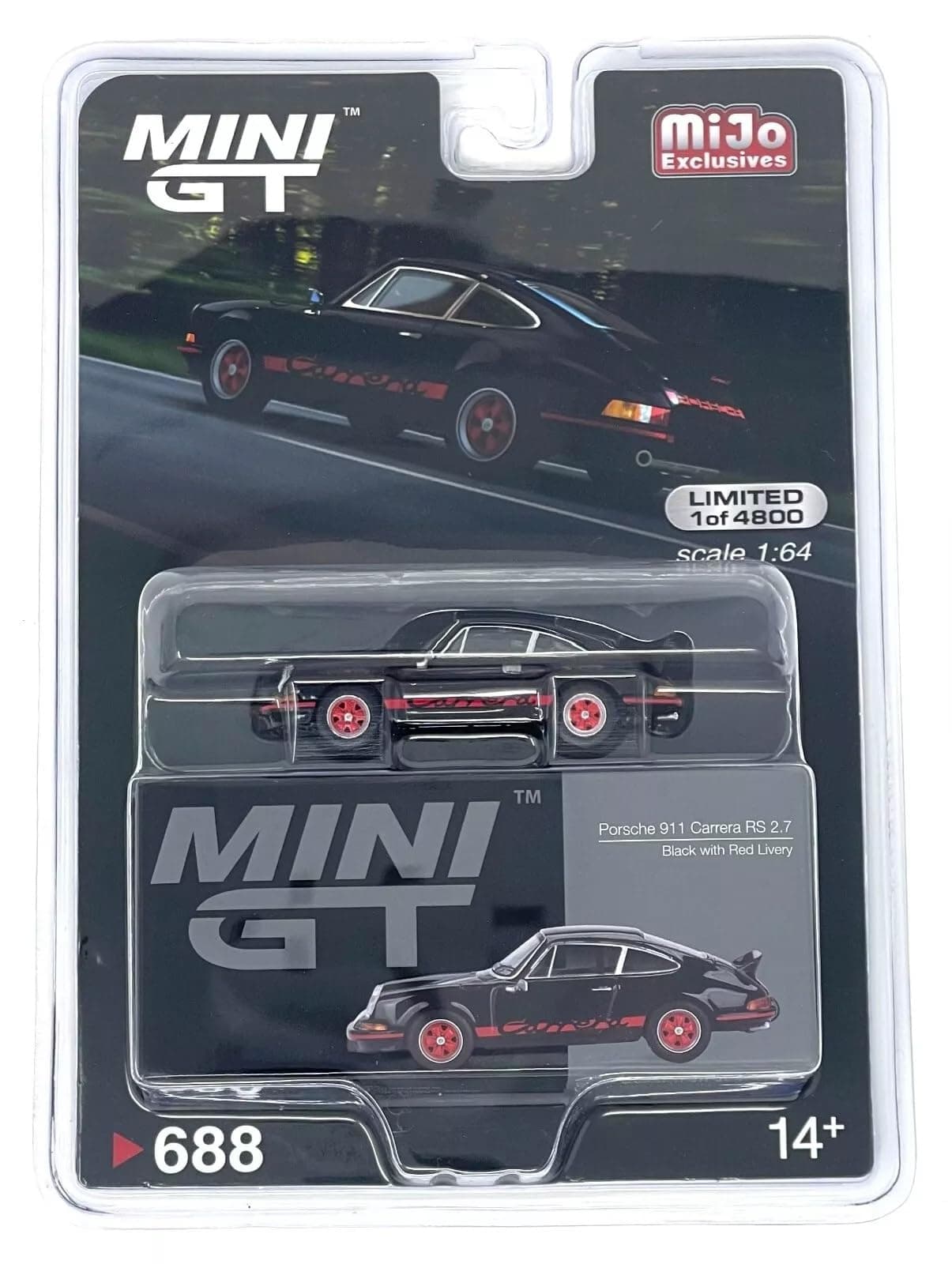 911 Carrera RS 2.7 Black with Red Livery with Red Stripes Limited Edition to 4800 Pieces Worldwide 1/64 Diecast Model Car by True Scale Miniatures MGT00688