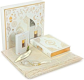 ihvan online Prayer Gift Set for Hajj and Umrah, Muslim Prayer Rug, Prayer Mat, Beads Taasbih, Holy Quran Translated French, Janamaz Salah Mat, Islamic Gift Set for Ramadan & Eid, White